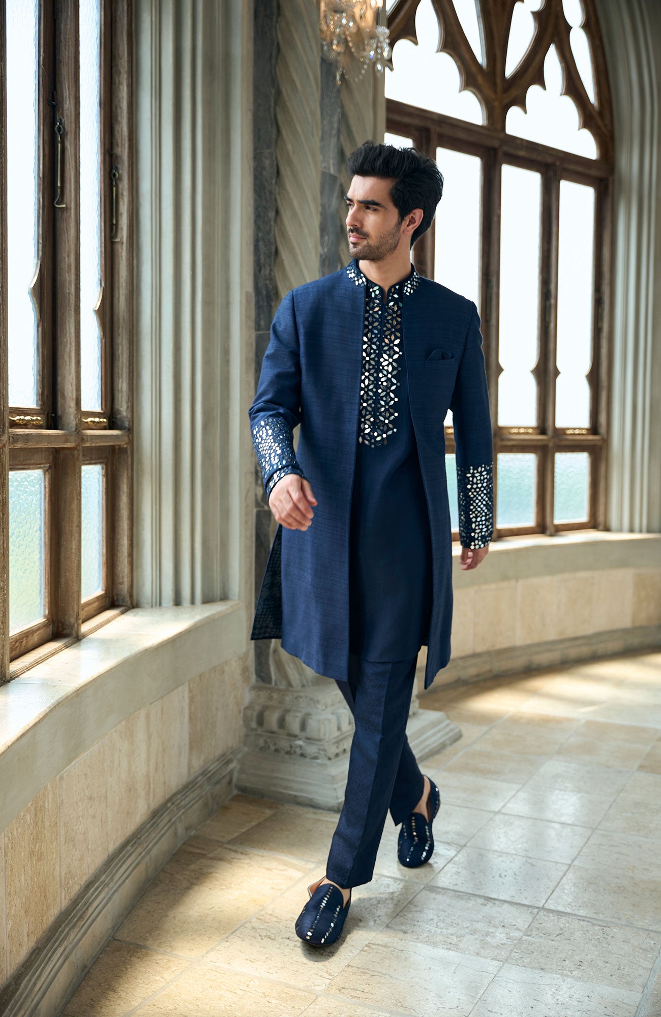 Persian Blue Mirror Open Sherwani Set