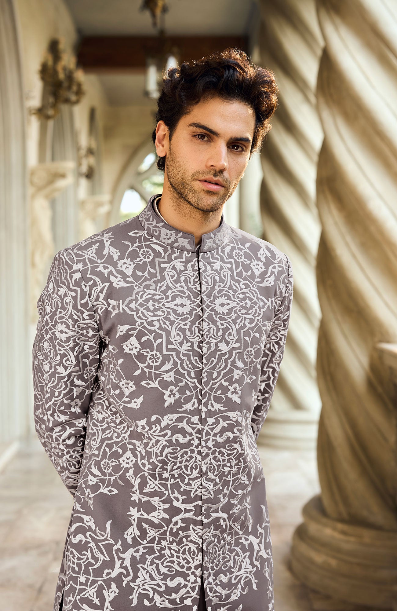 Grey Abstract Sherwani Set
