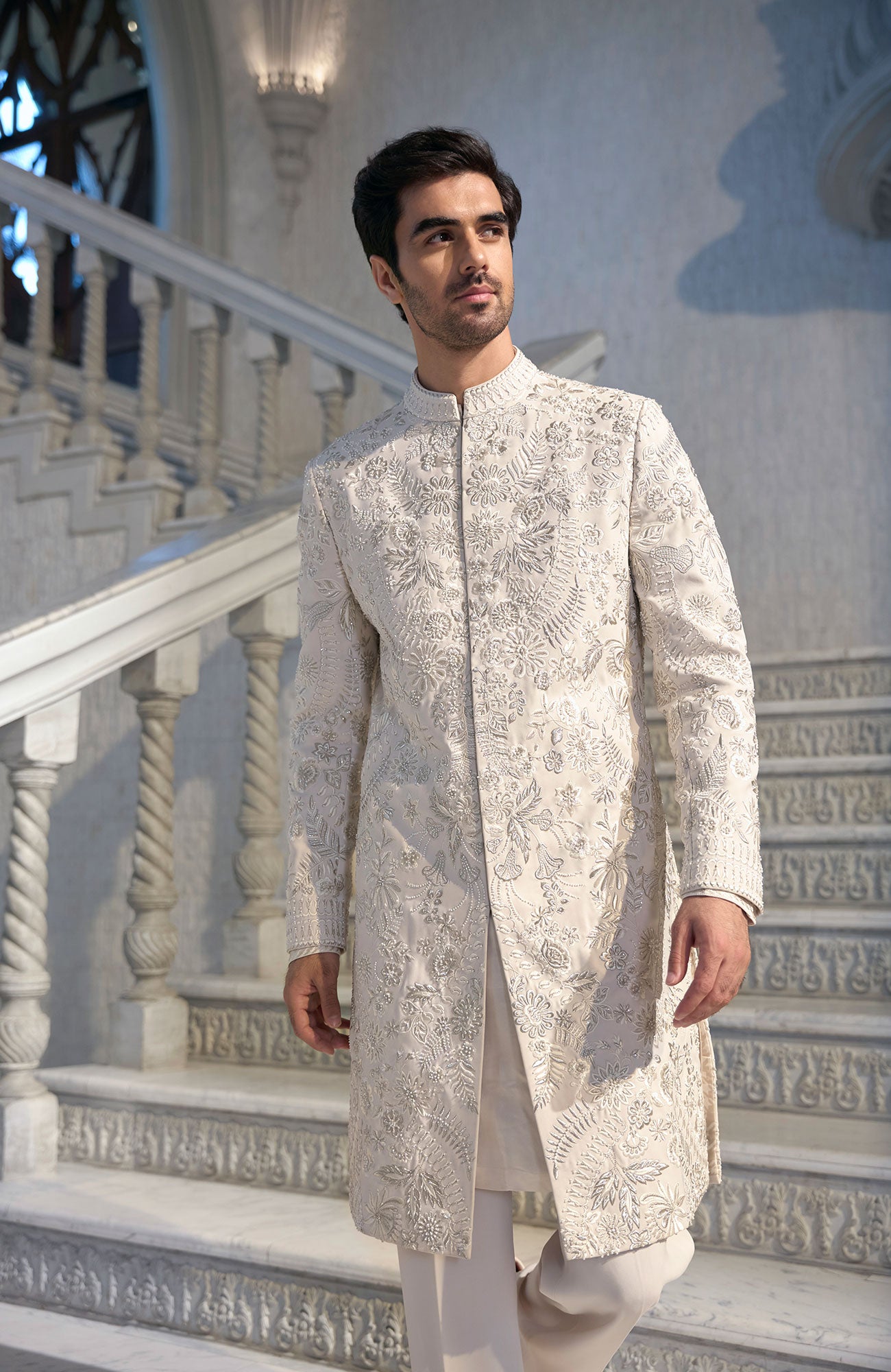 Cream Thread Work Sherwani Set
