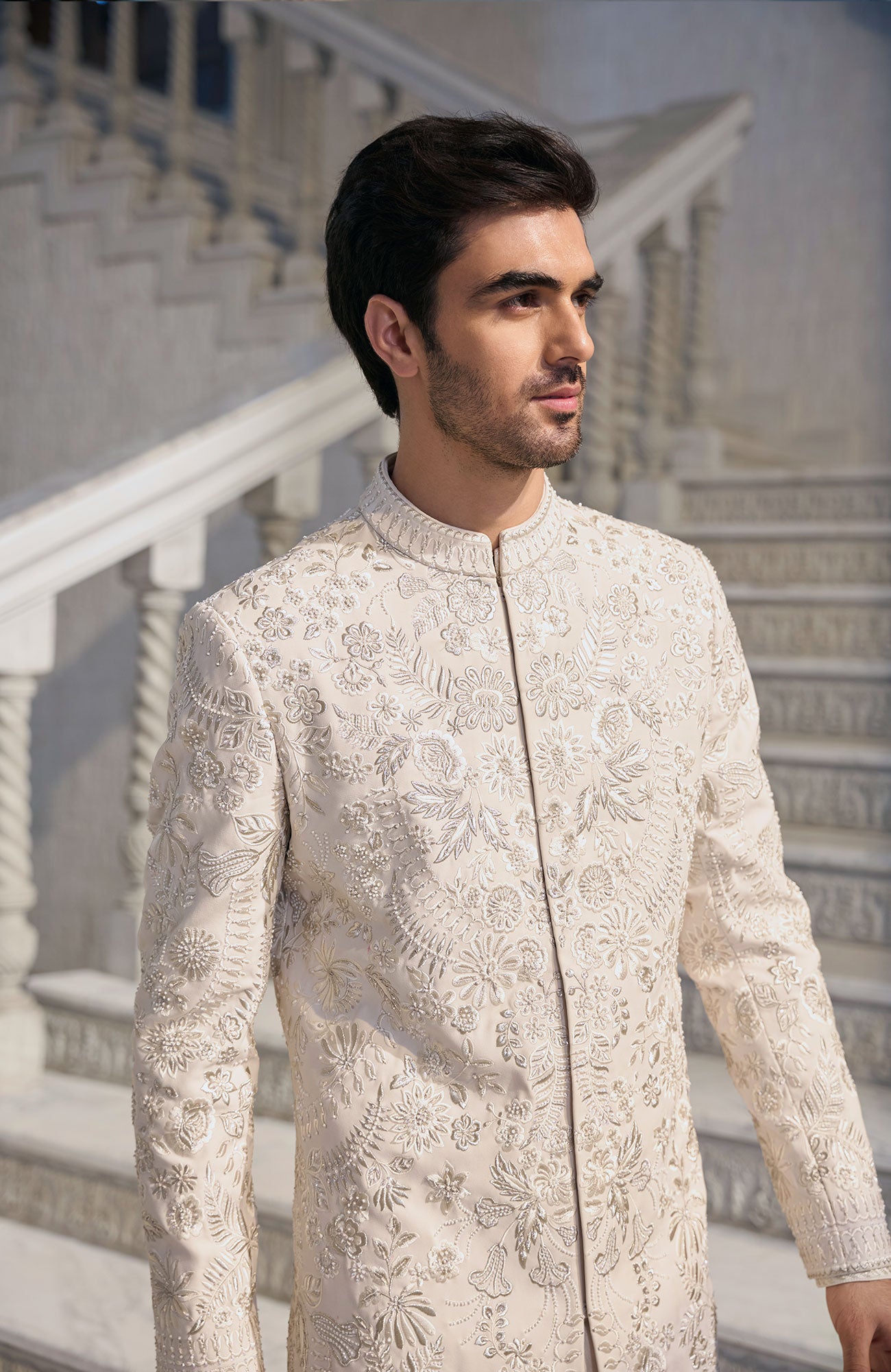 Cream Thread Work Sherwani Set
