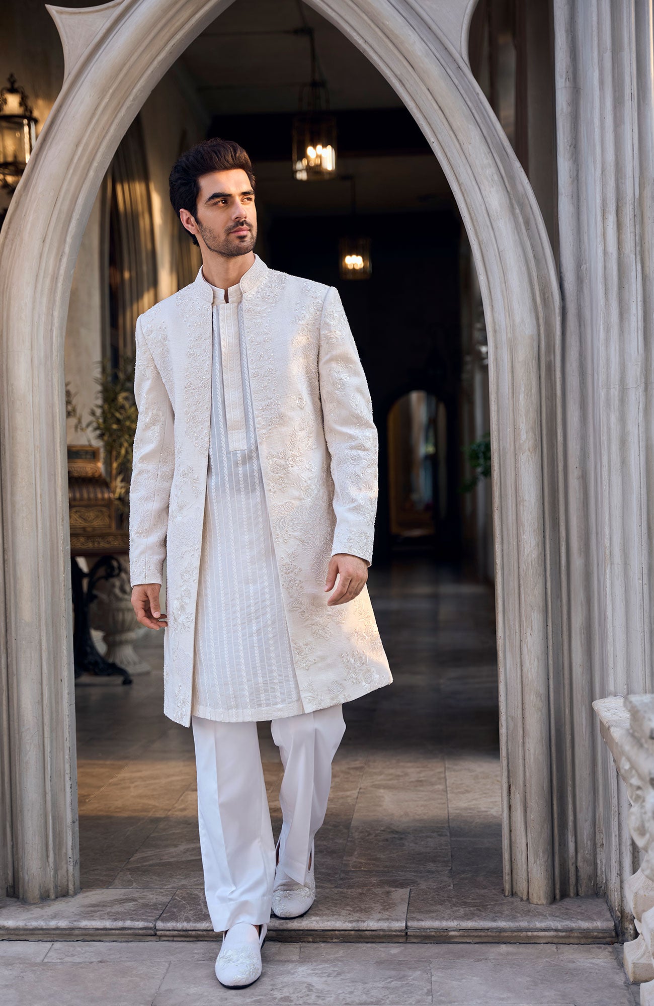 Cream Open Sherwani Set