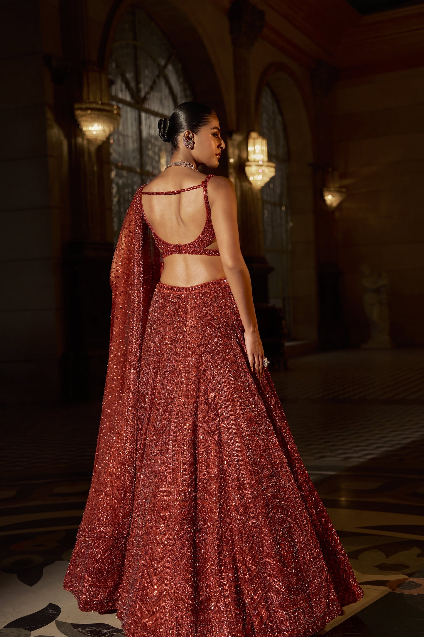 Brick Red Crystal Lehenga Set