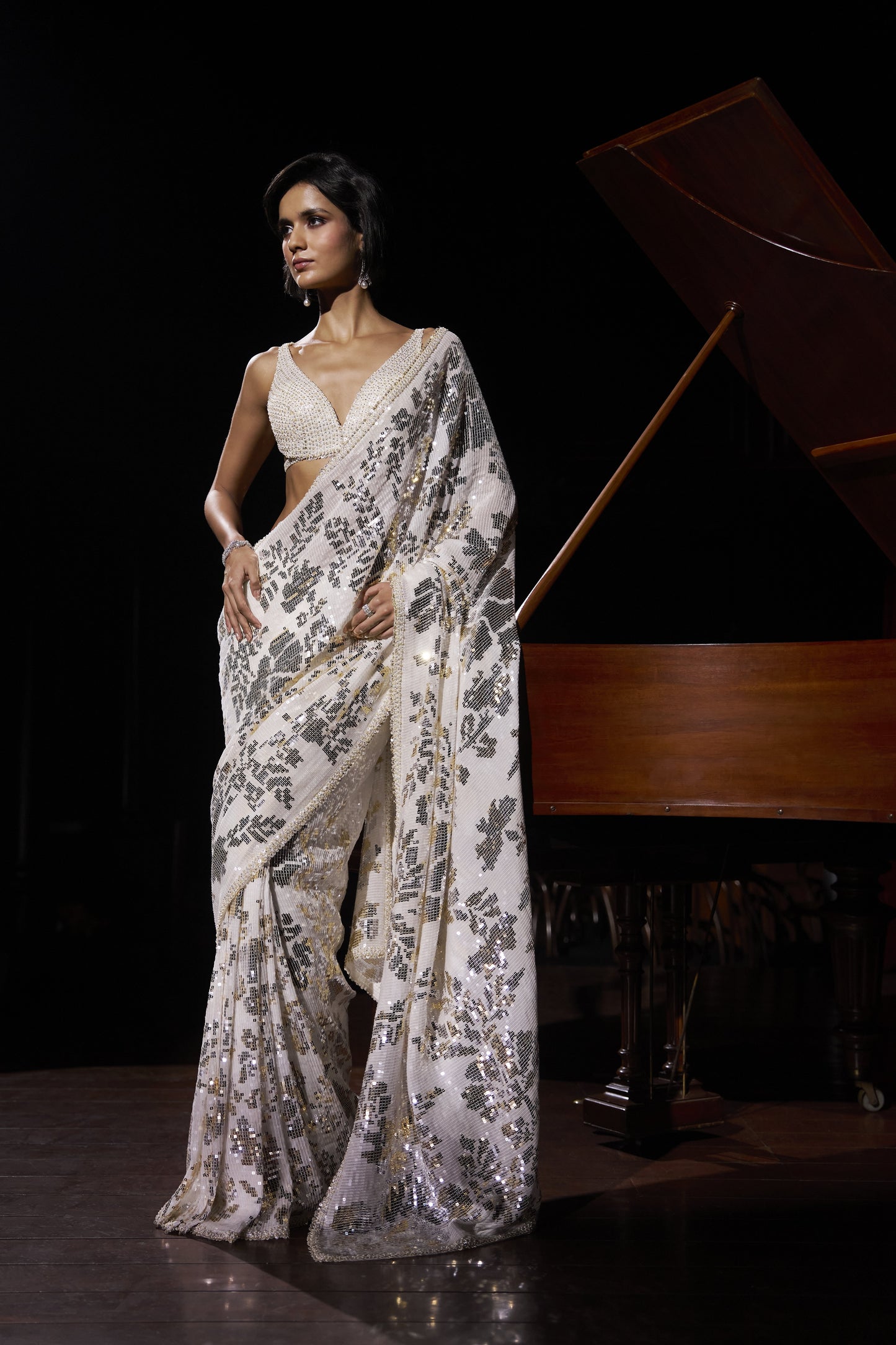 Gold Silver Sequin Georgette Saree