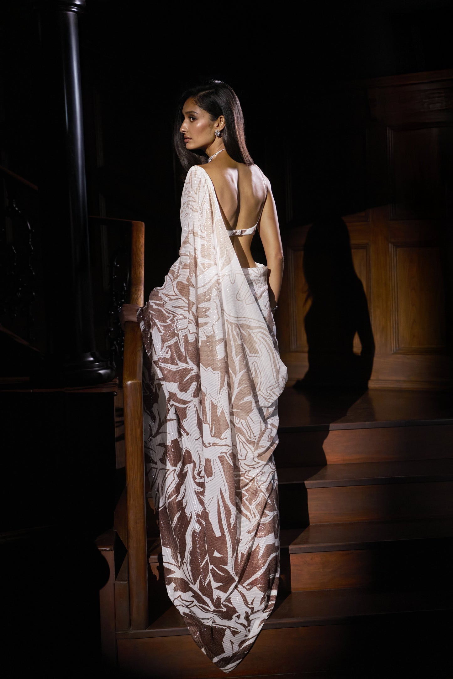 Coffee Cream Sequin Georgette Saree"