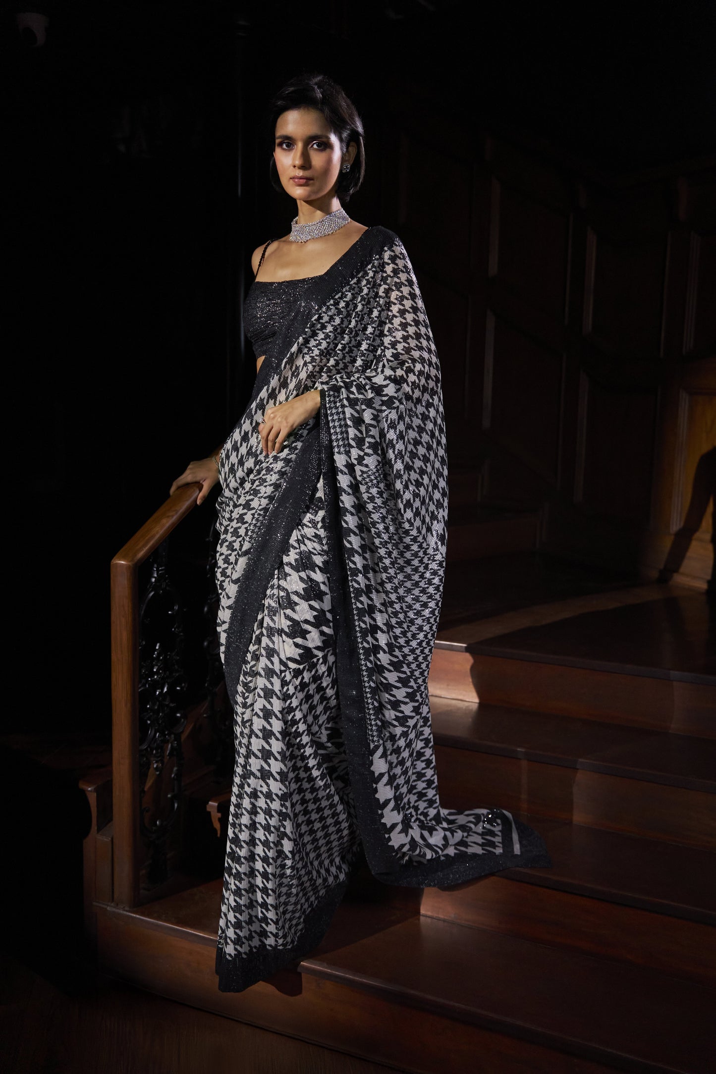 Hounds-Tooth Sequin Georgette Saree