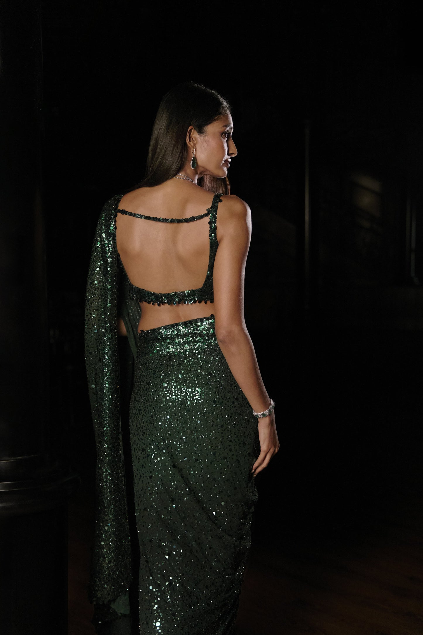 Emerald Green Ombre Sequin Georgette Saree