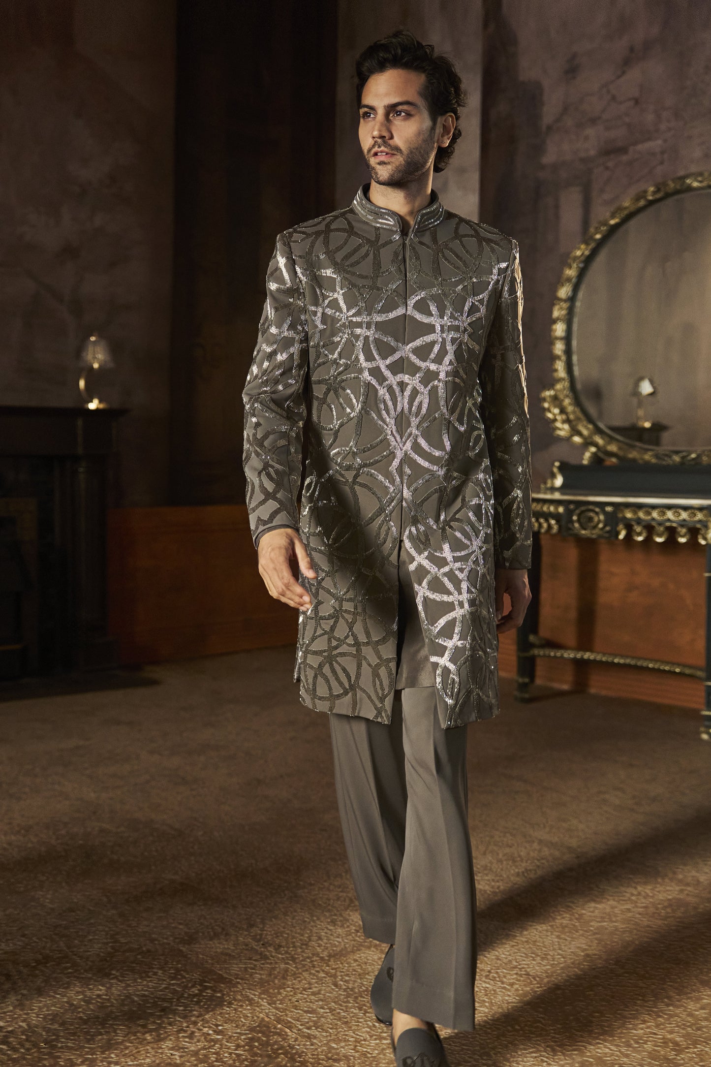 Grey Metallic Sherwani Set