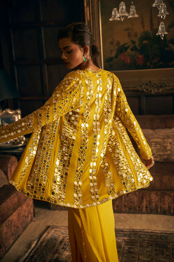 Madhuri Dixit in Yellow Mirror Work Stitched & Jacket Saree
