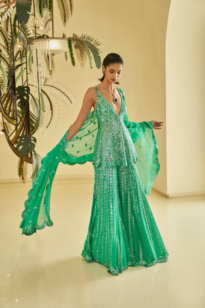 Green Mirror Work designer Sharara Suit