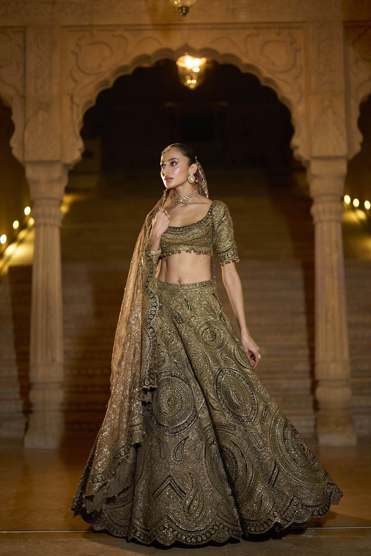 Moss Green Applique Lehenga Set