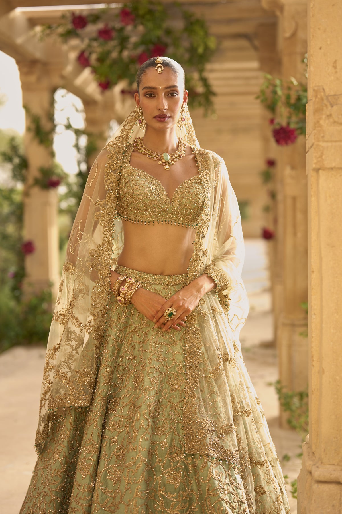 Sage Green Applique Work Lehenga Set