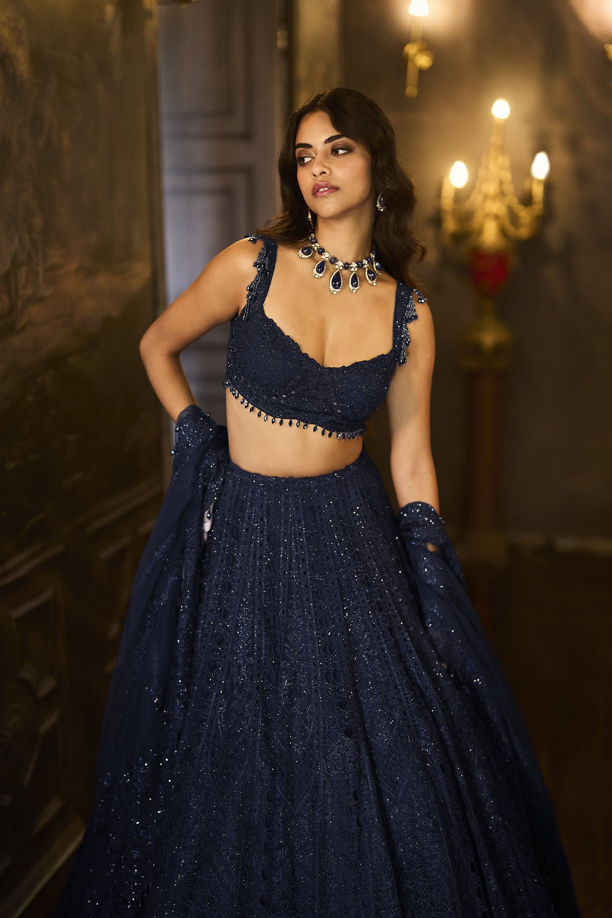Navy Crystal Lehenga Set