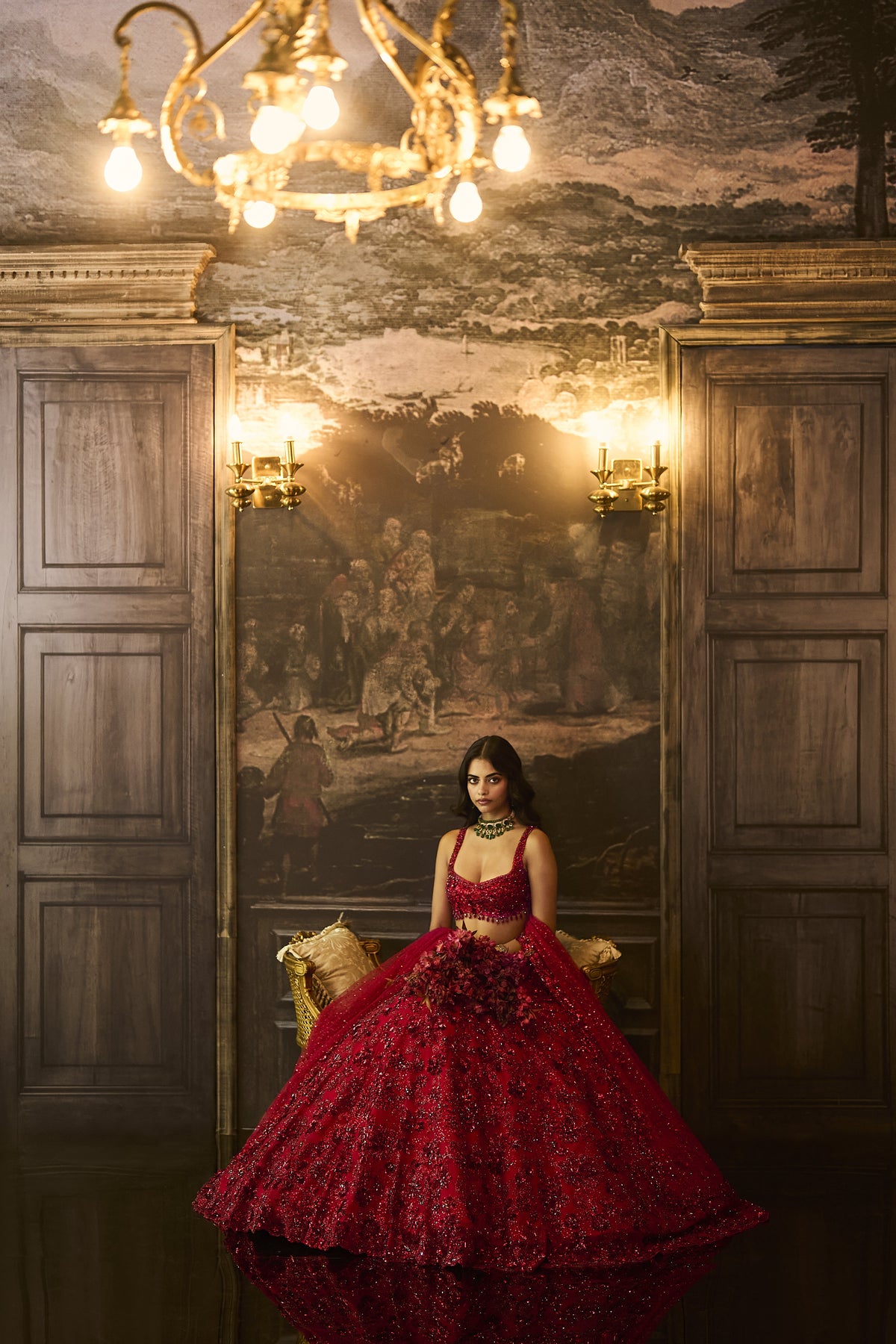 Red Sequin & Crystal Lehenga Set