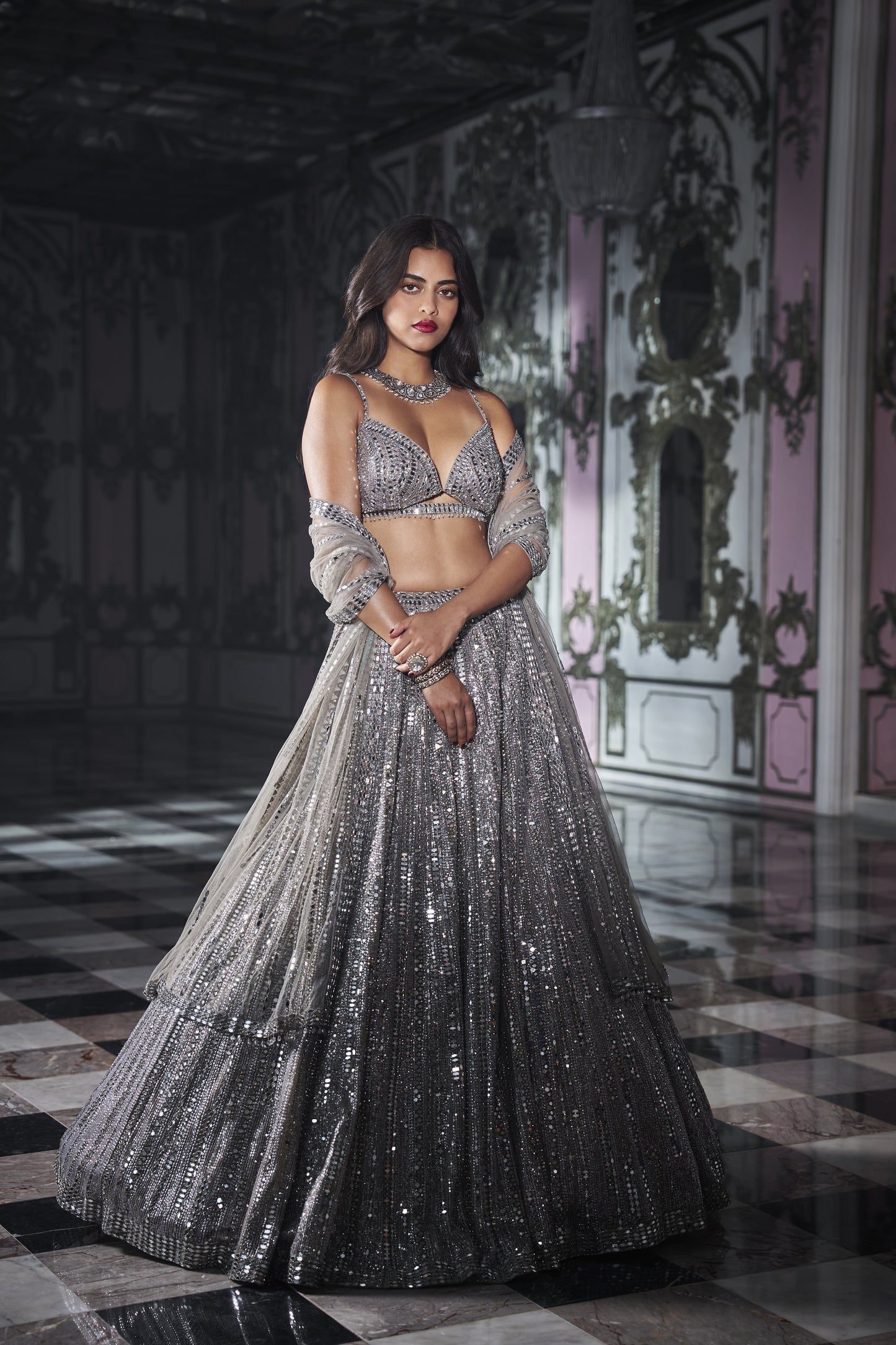 Antique Silver Miror Work Lehenga Set