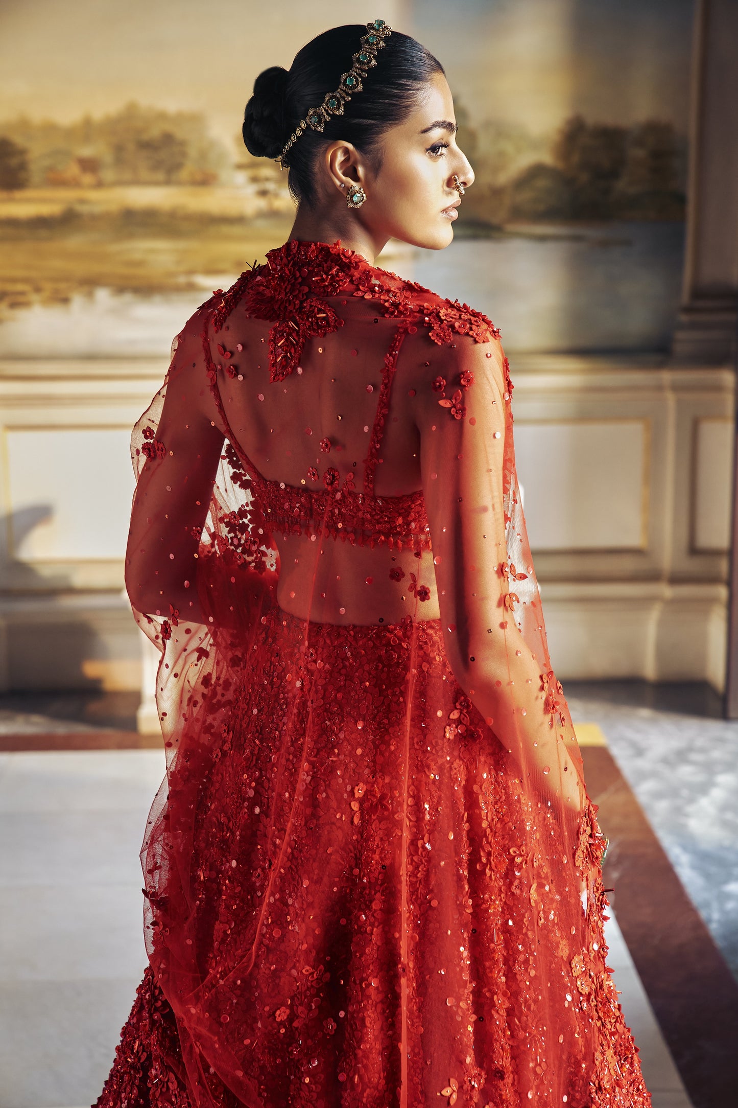 Red three-dimensional Floral Lehenga Set