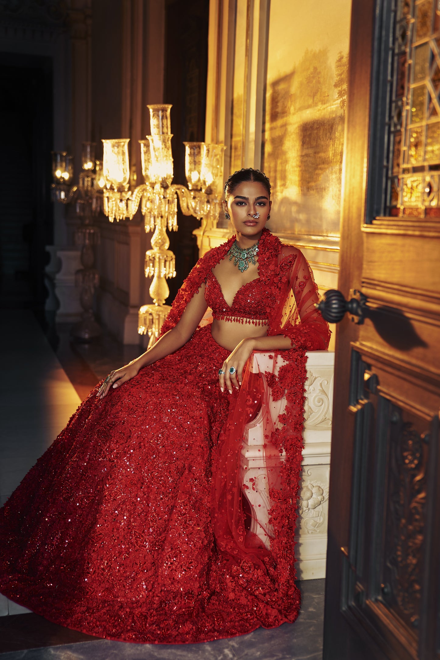 Red three-dimensional Floral Lehenga Set