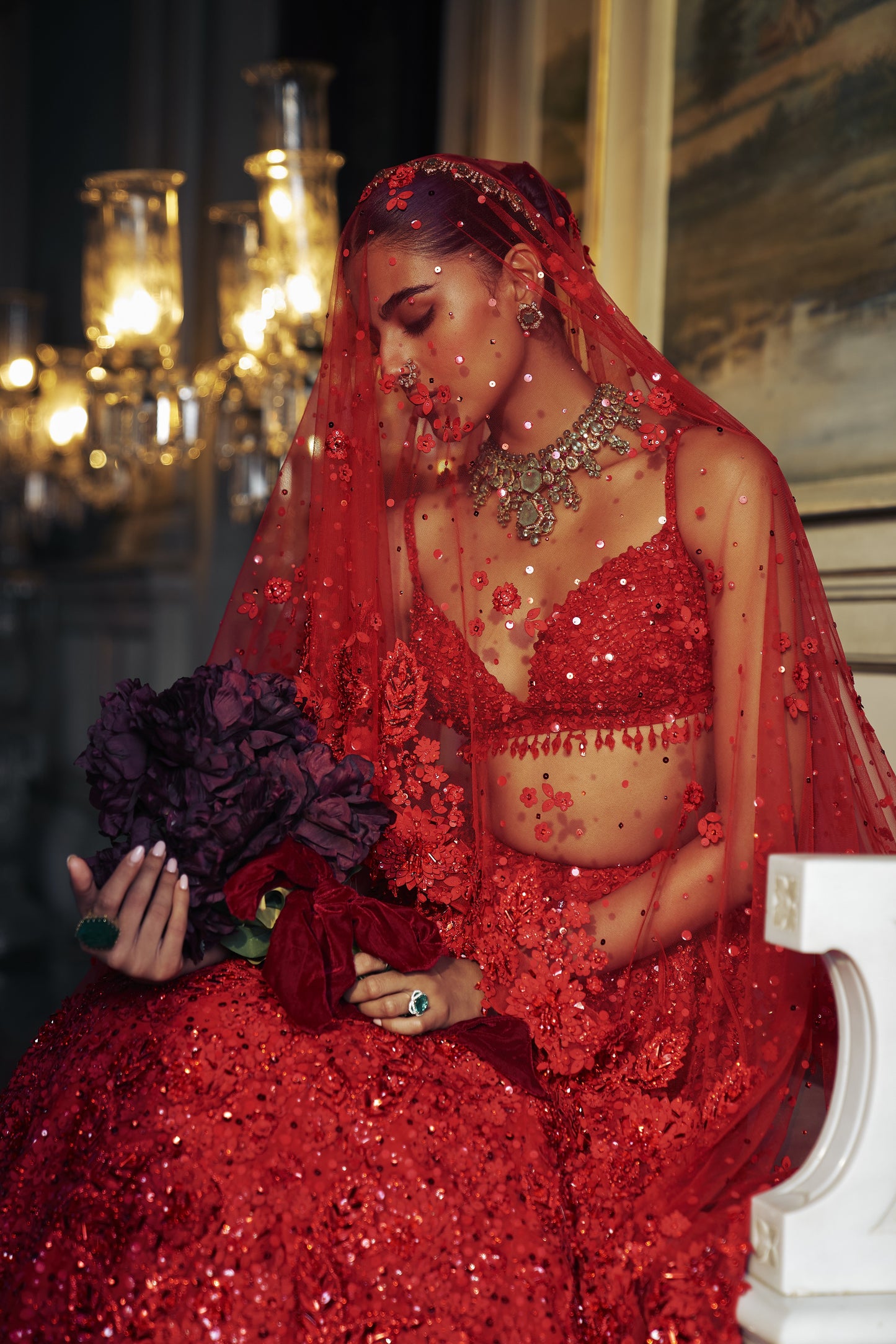Red three-dimensional Floral Lehenga Set