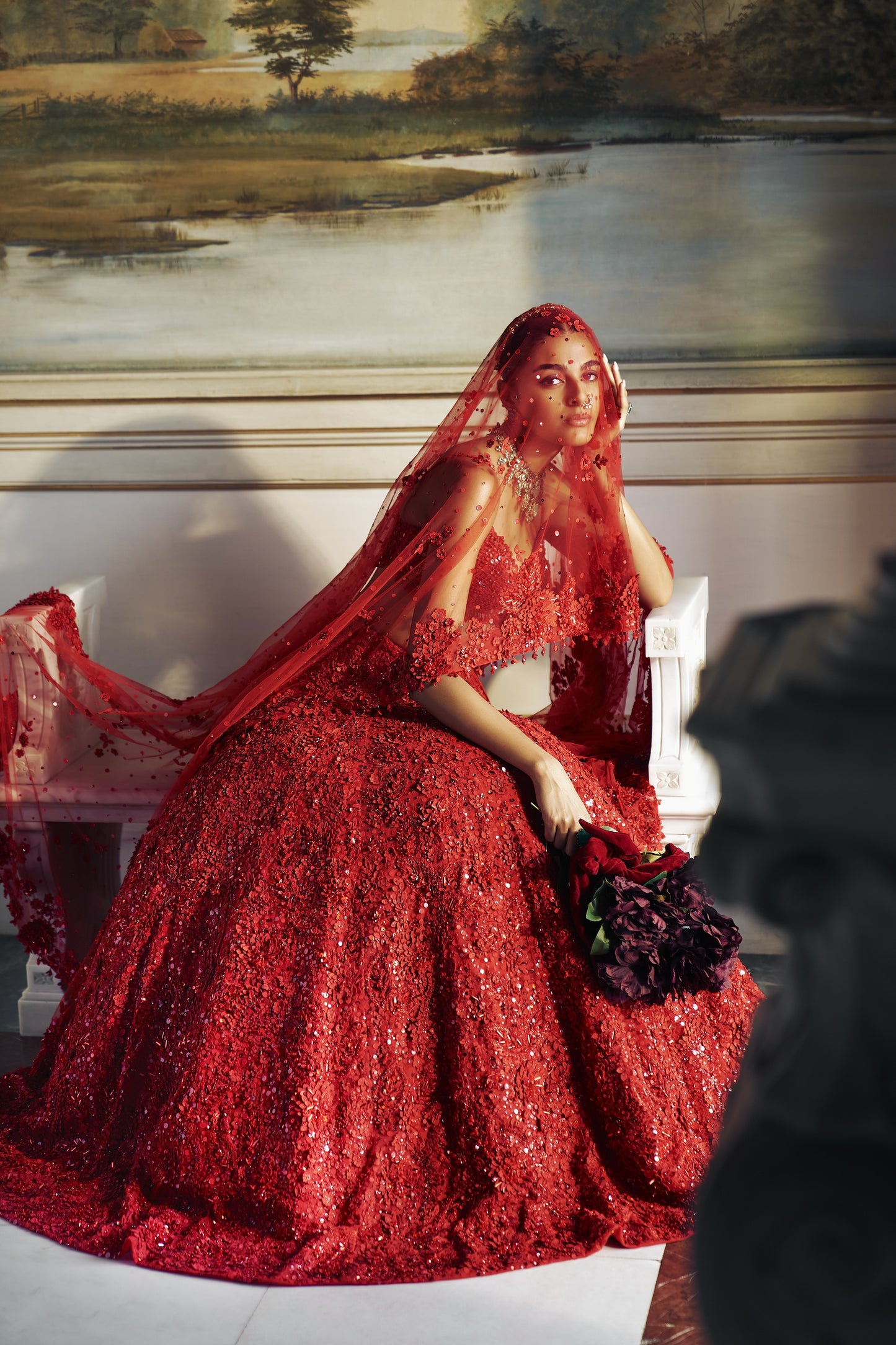Red three-dimensional Floral Lehenga Set