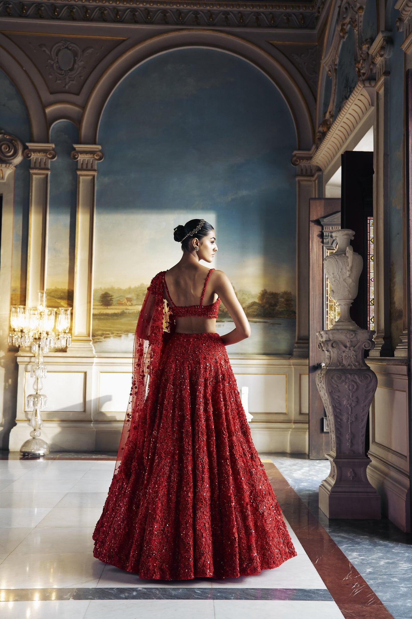 Red three-dimensional Floral Lehenga Set