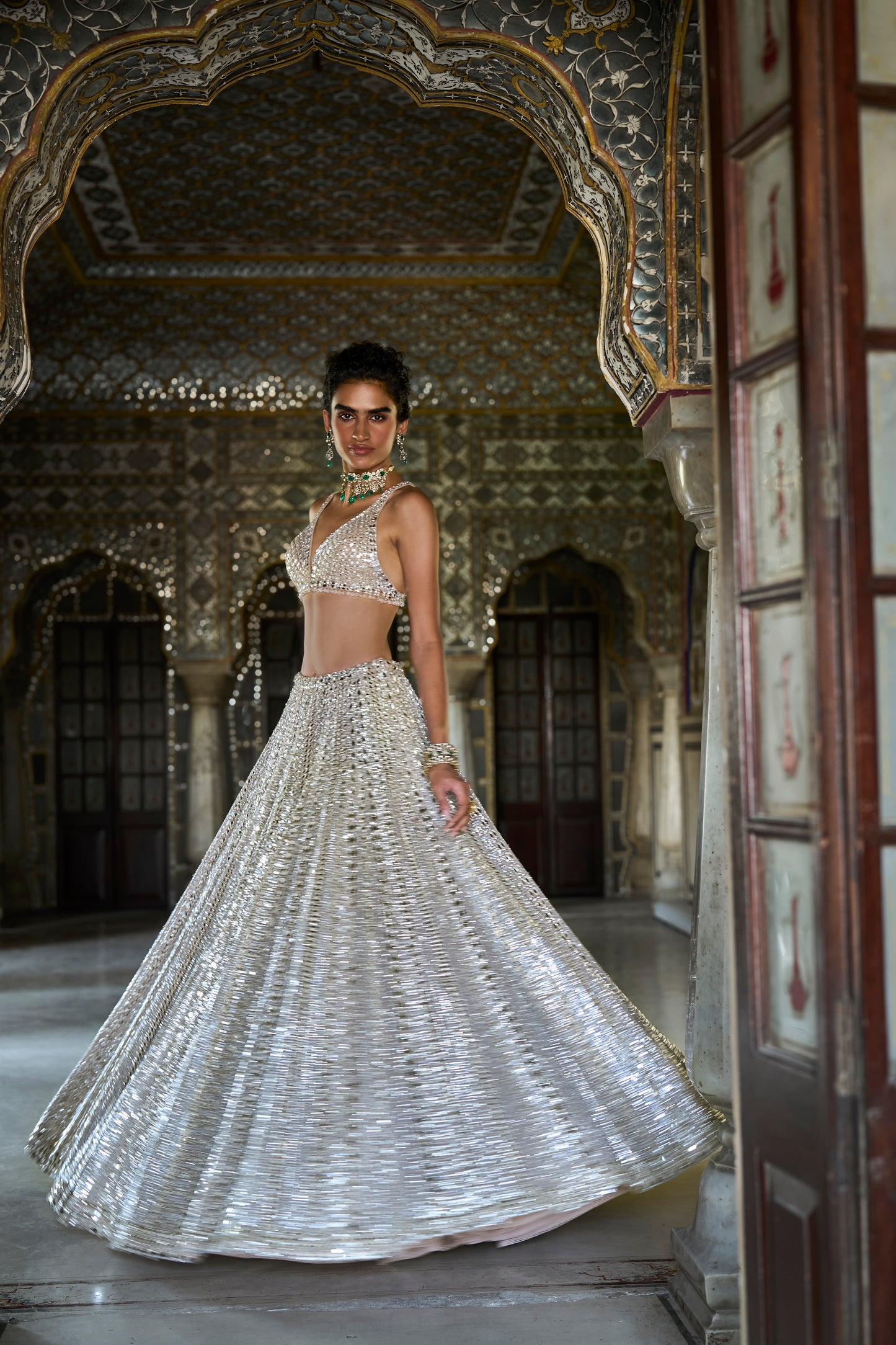 Champagne Mirror Work Designer Lehenga Set