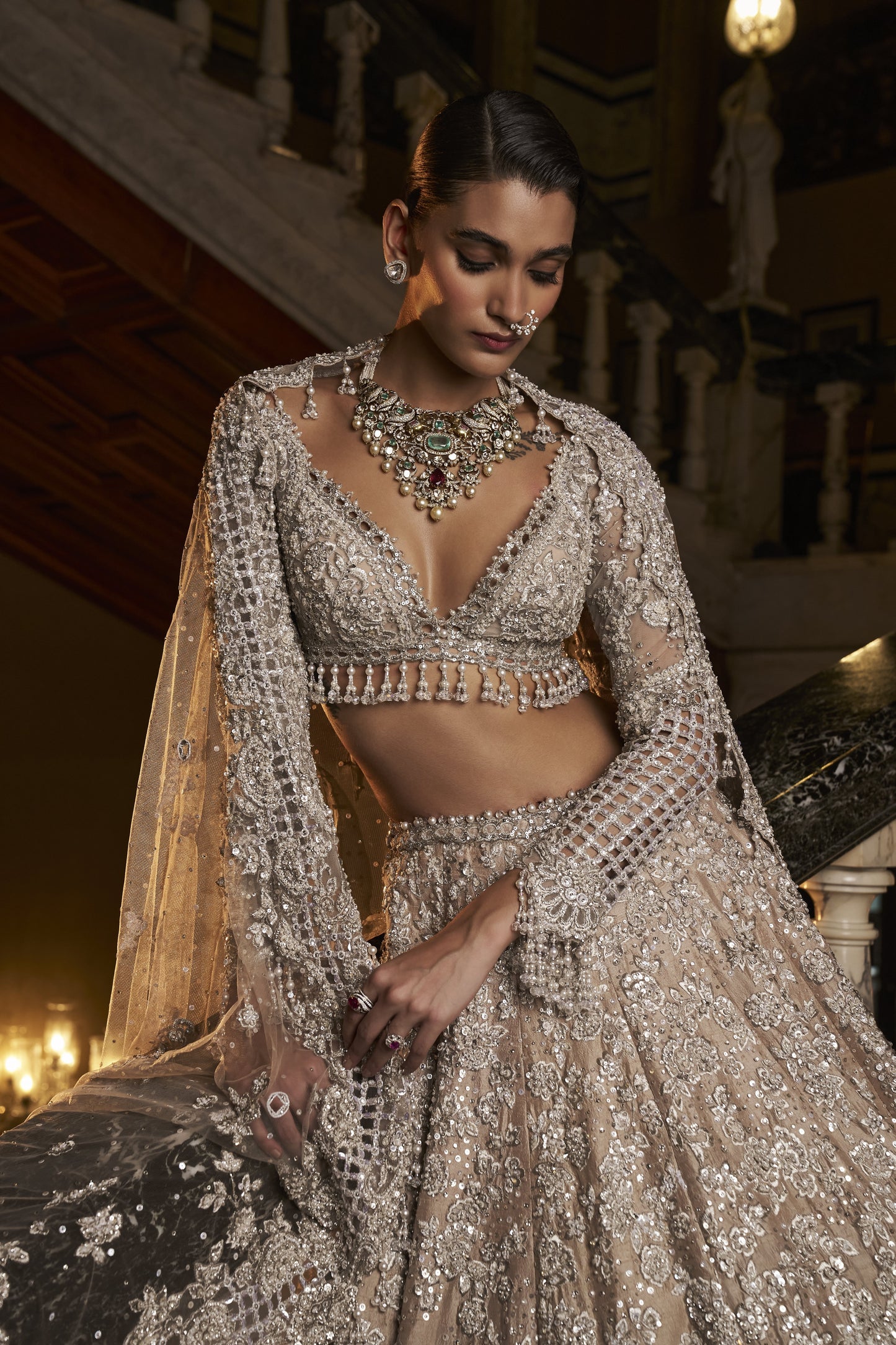 Nude Silver cut Work Lehenga Set