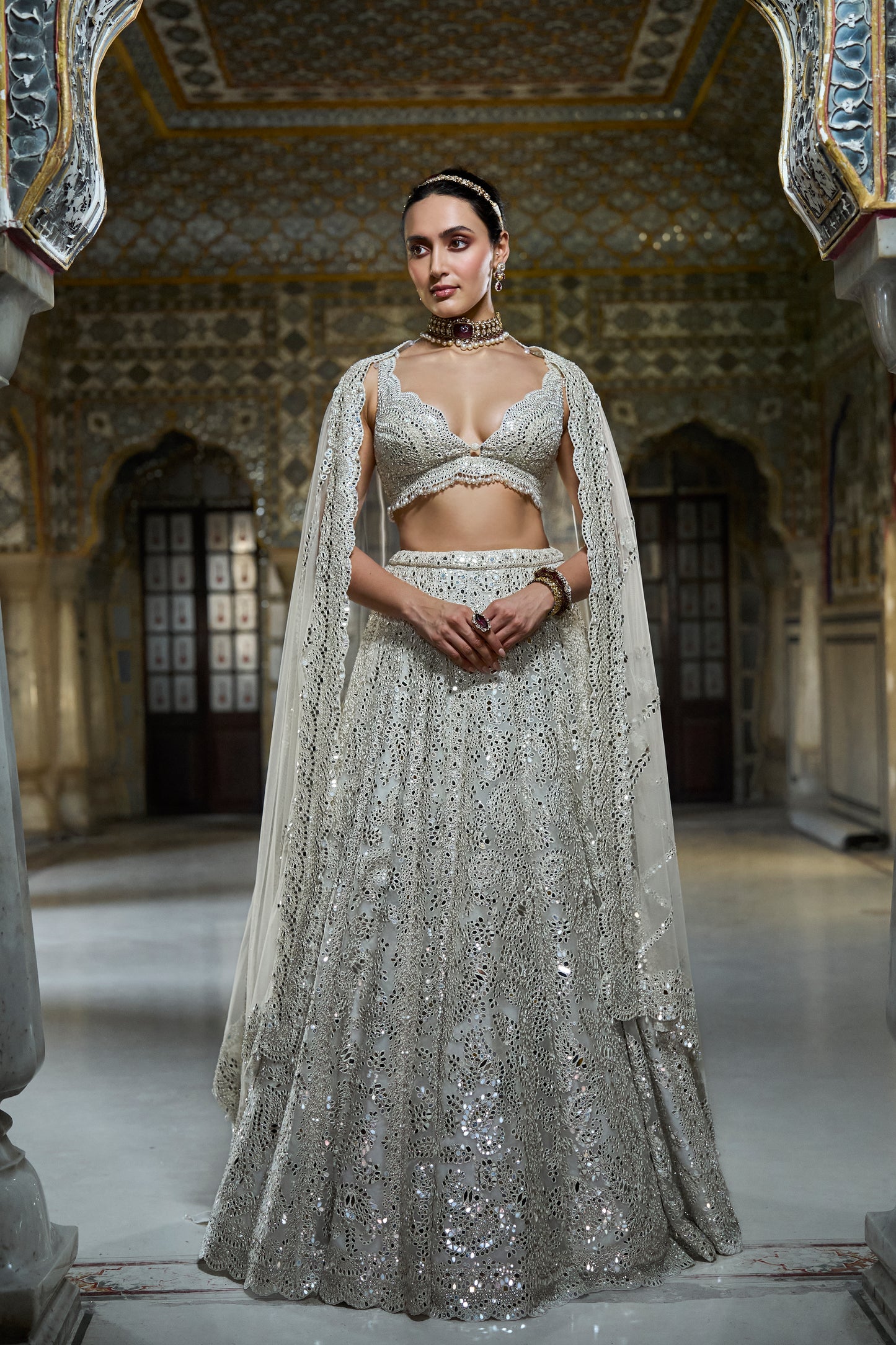 Ivory Mirror Work Lehenga Set