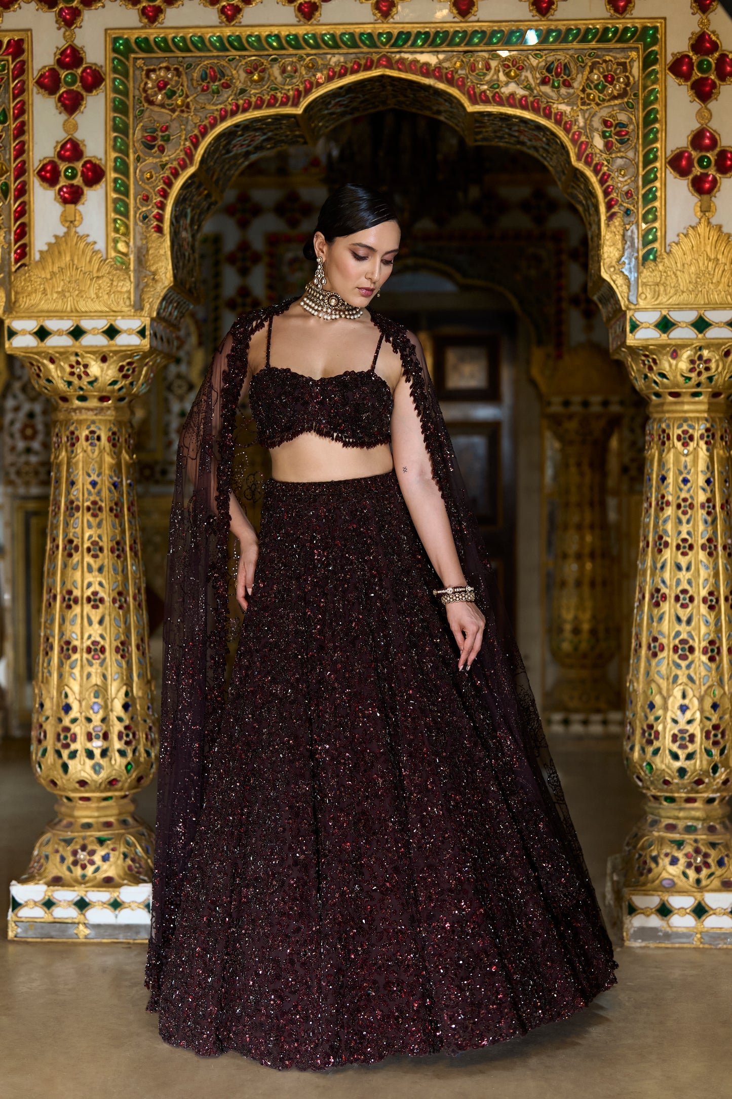 Wine Sequin Lehenga Set