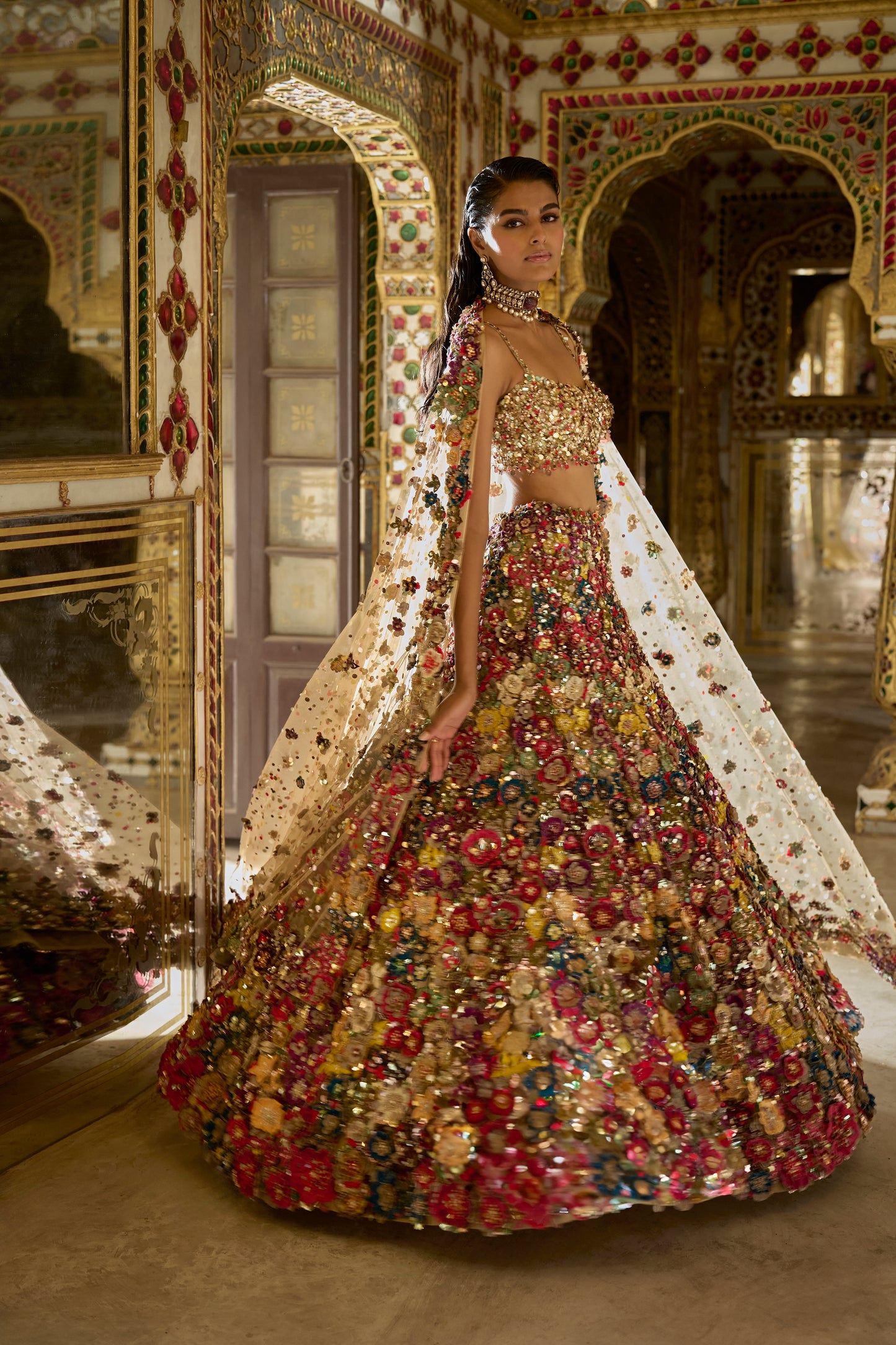 Multi-Coloured 3D Floral Lehenga Set