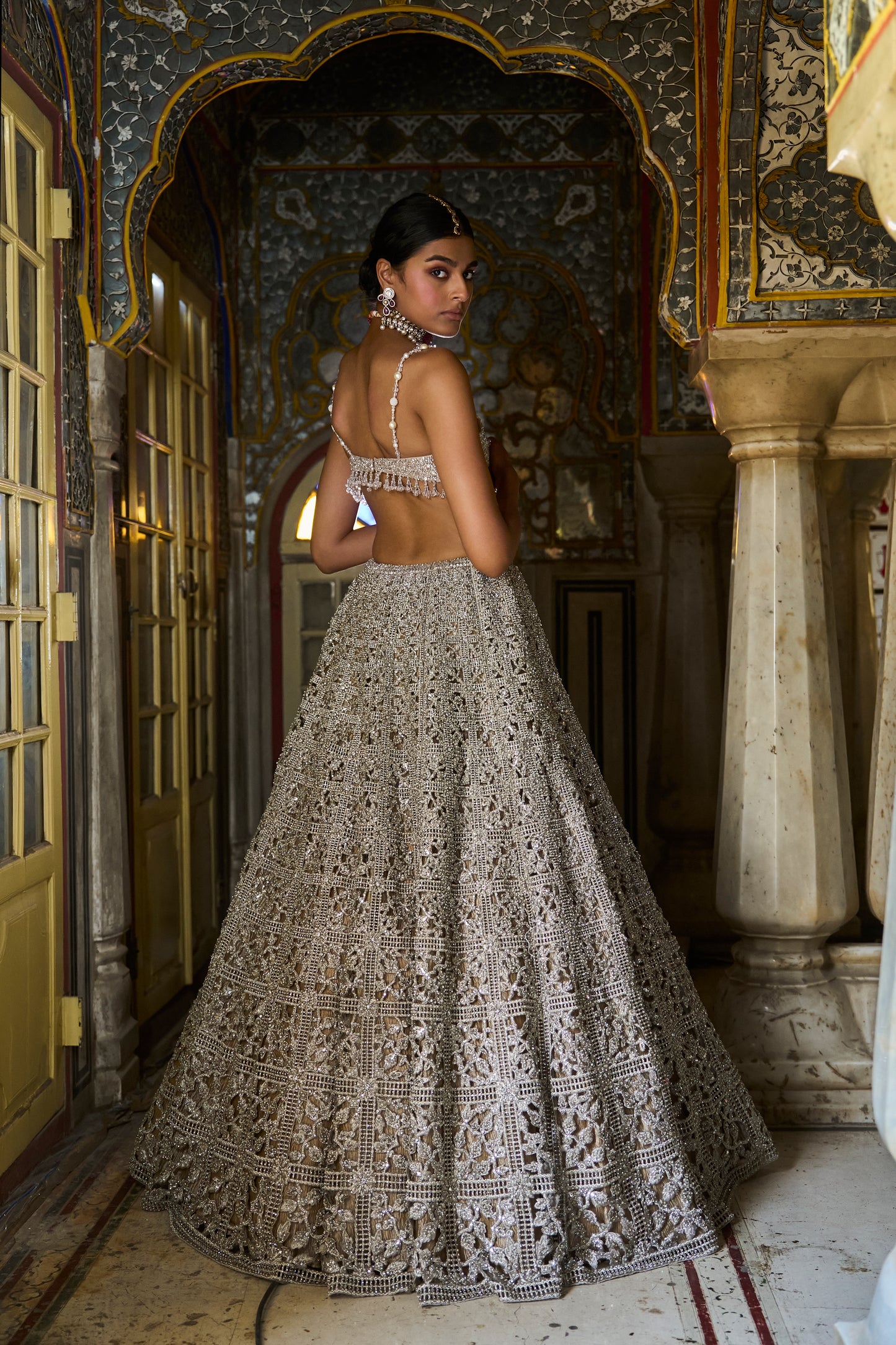 Silver Geometric Cut work Lehenga