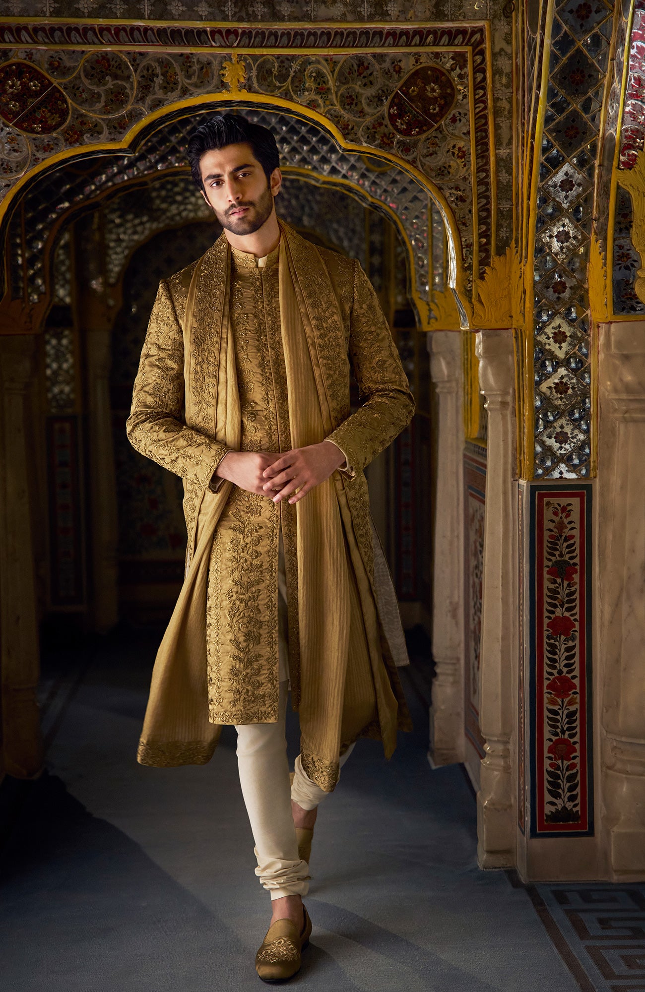 Antique Gold Tissue Sherwani Set