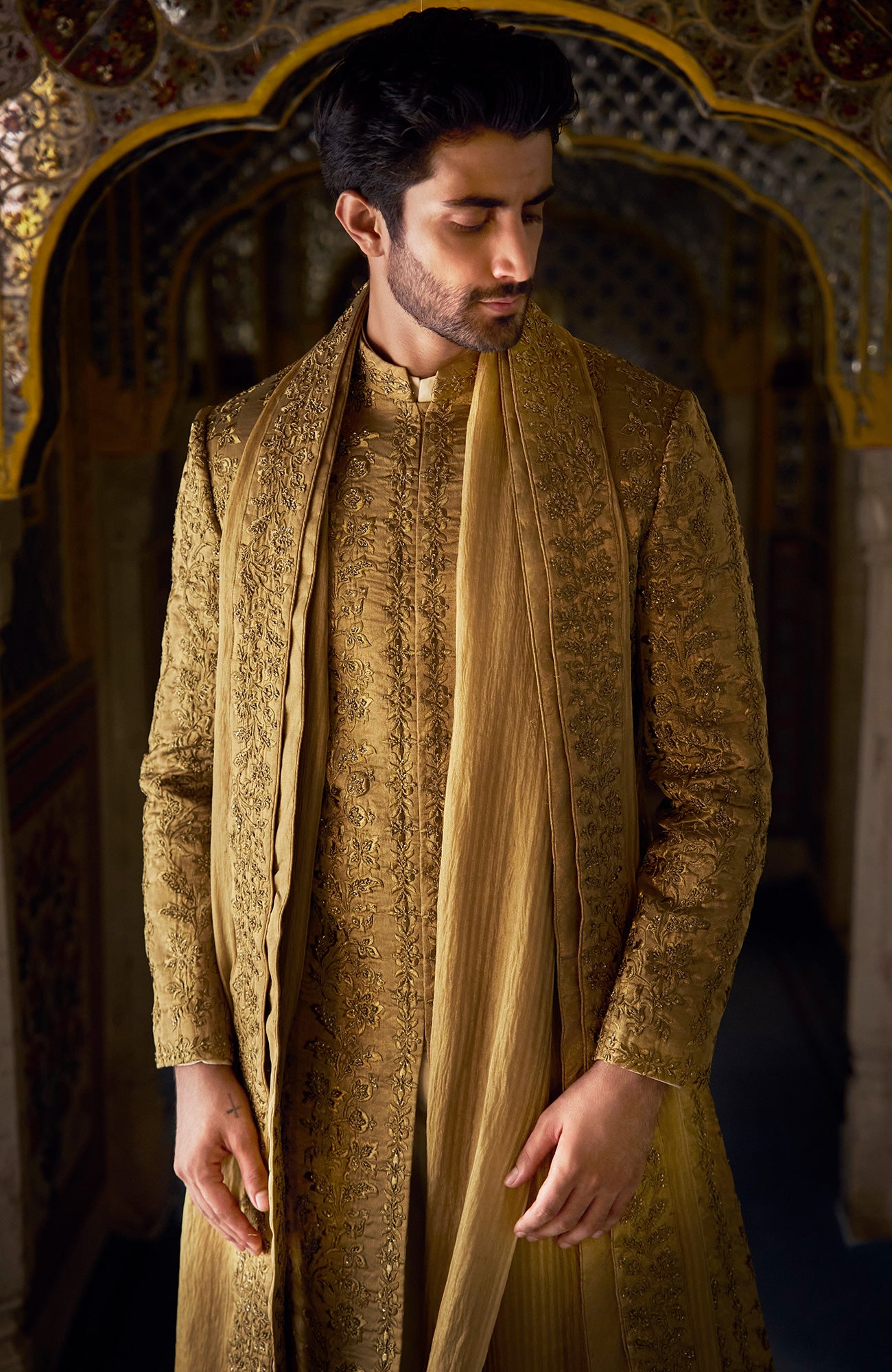 Antique Gold Tissue Sherwani Set