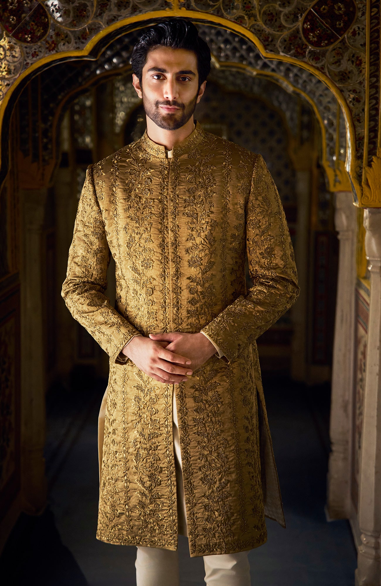Antique Gold Tissue Sherwani Set