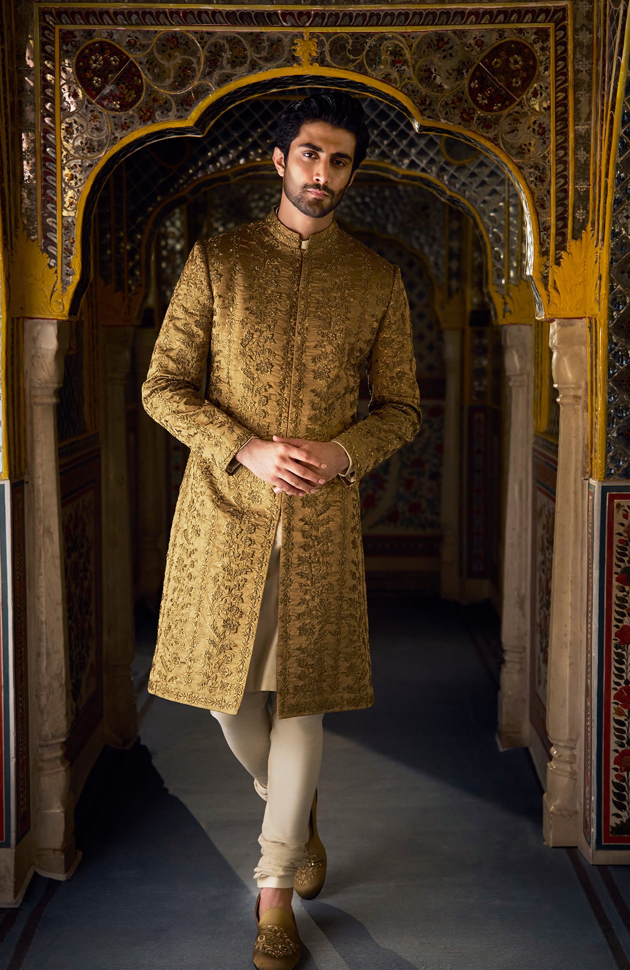 Antique Gold Tissue Sherwani Set