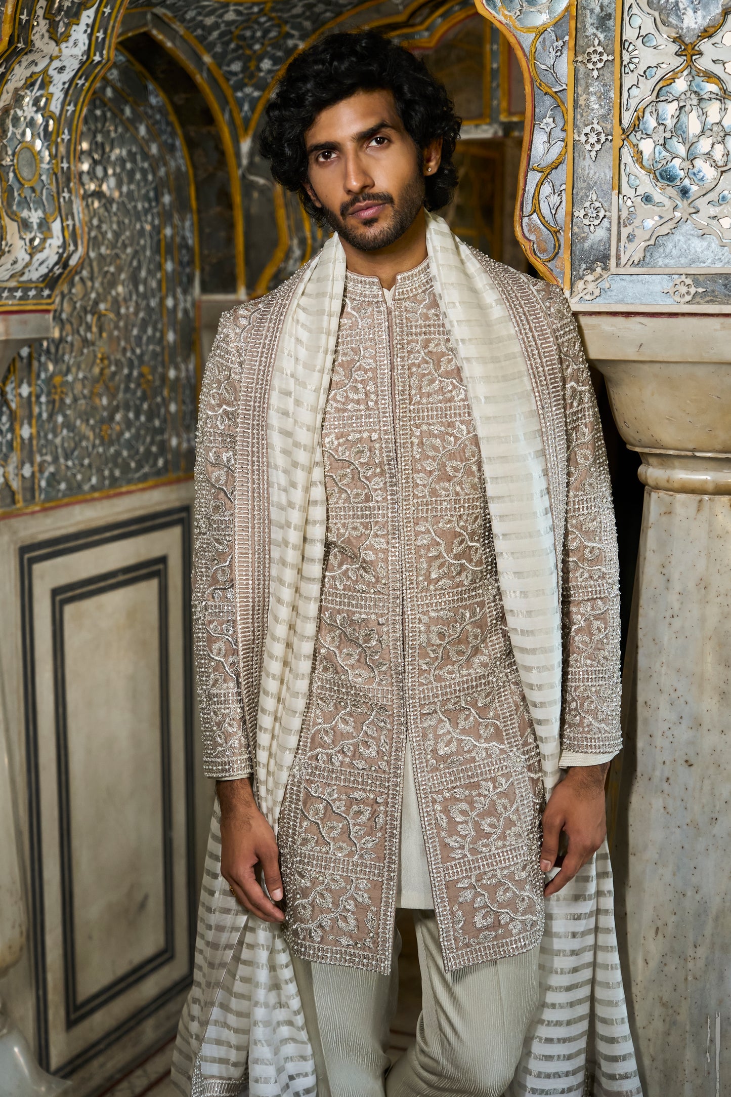 Silver Geometric Designer Sherwani Set