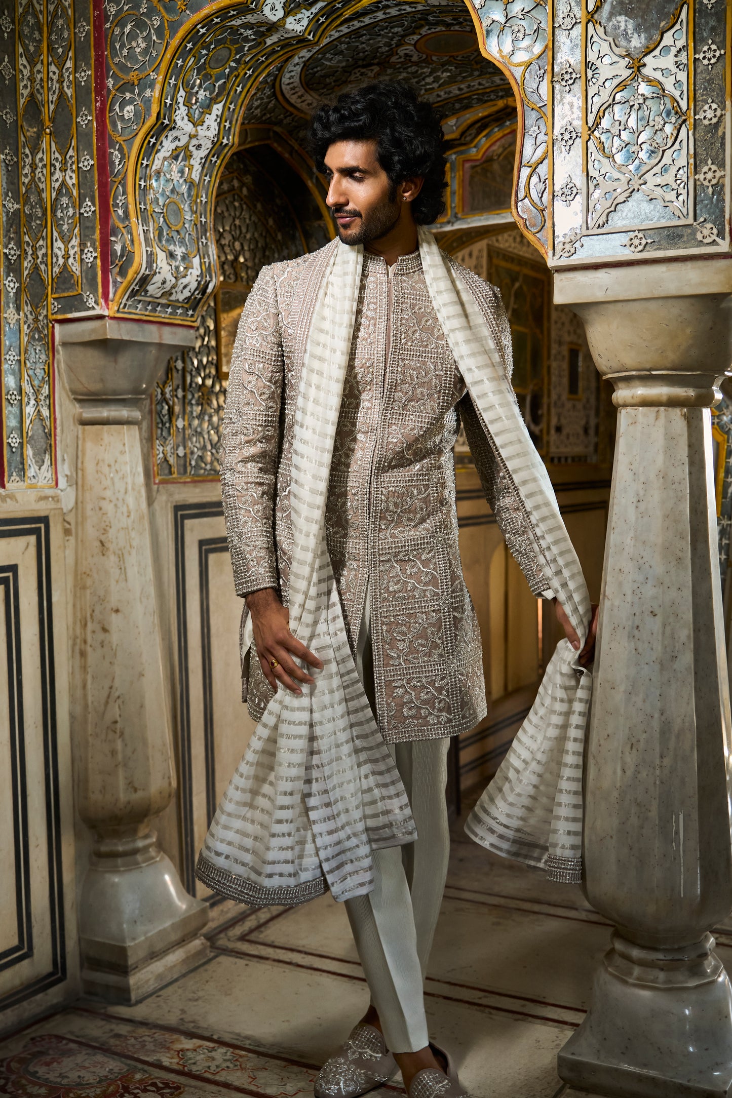 Silver Geometric Designer Sherwani Set