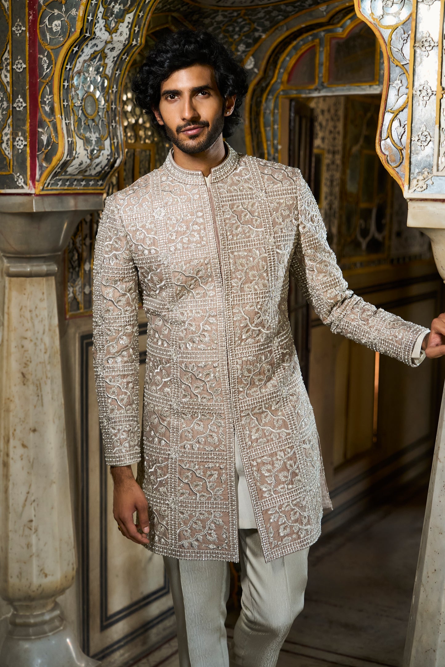 Silver Geometric Designer Sherwani Set