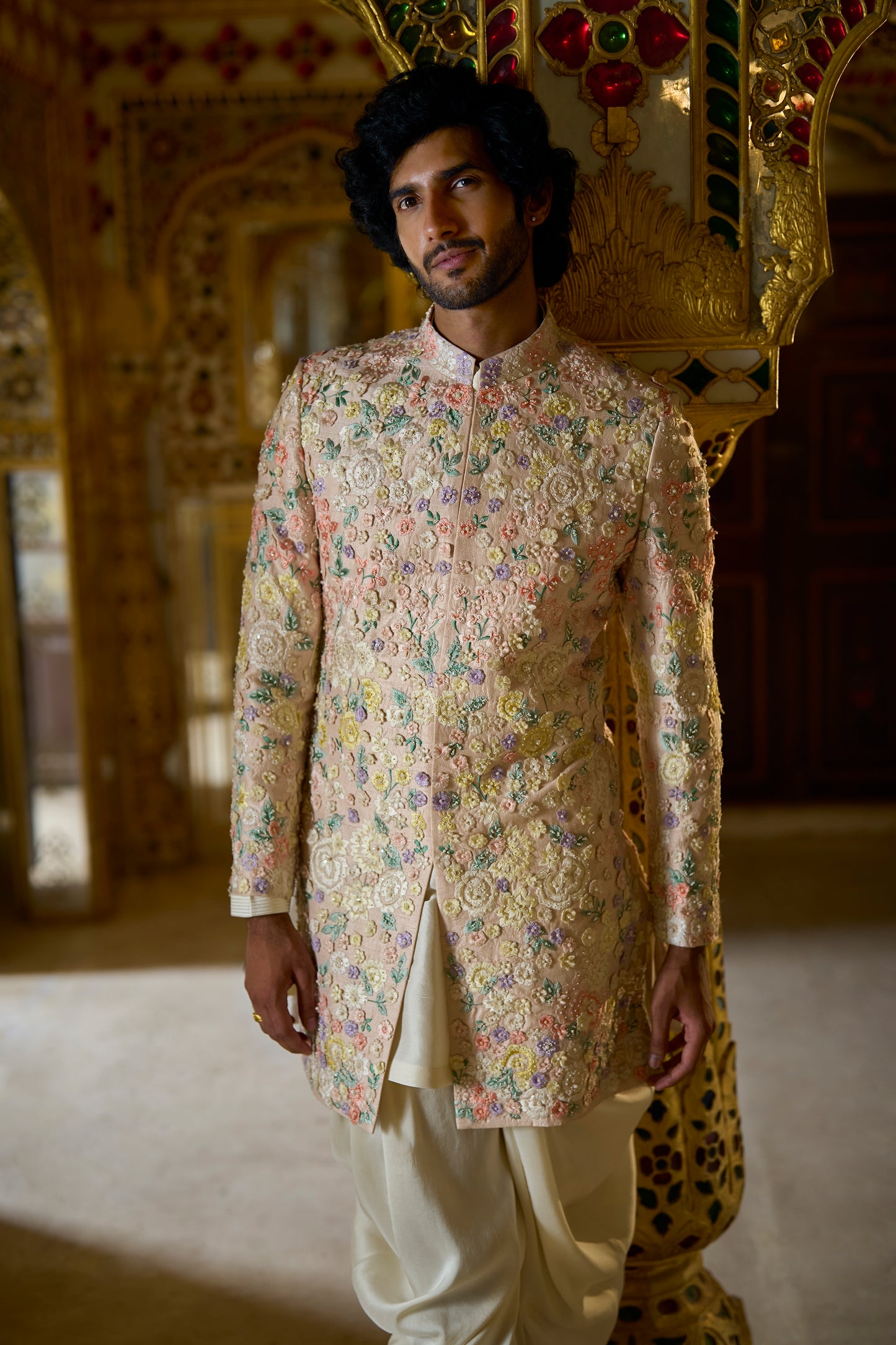 Couture Cream Multi-Coloured Three- Dimensional Sherwani Set
