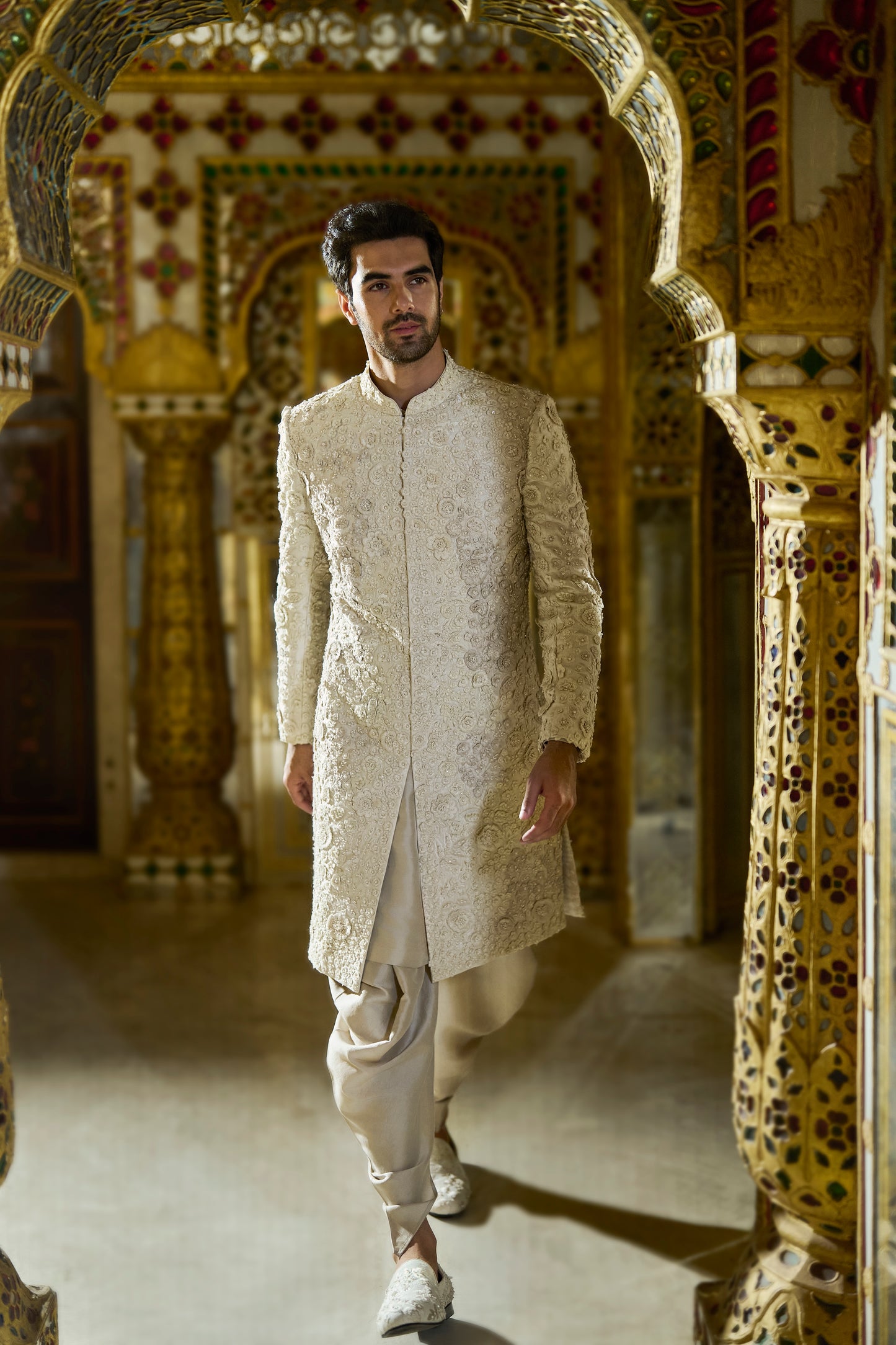 Vintage Ivory Three-Dimensional Designer Sherwani Set