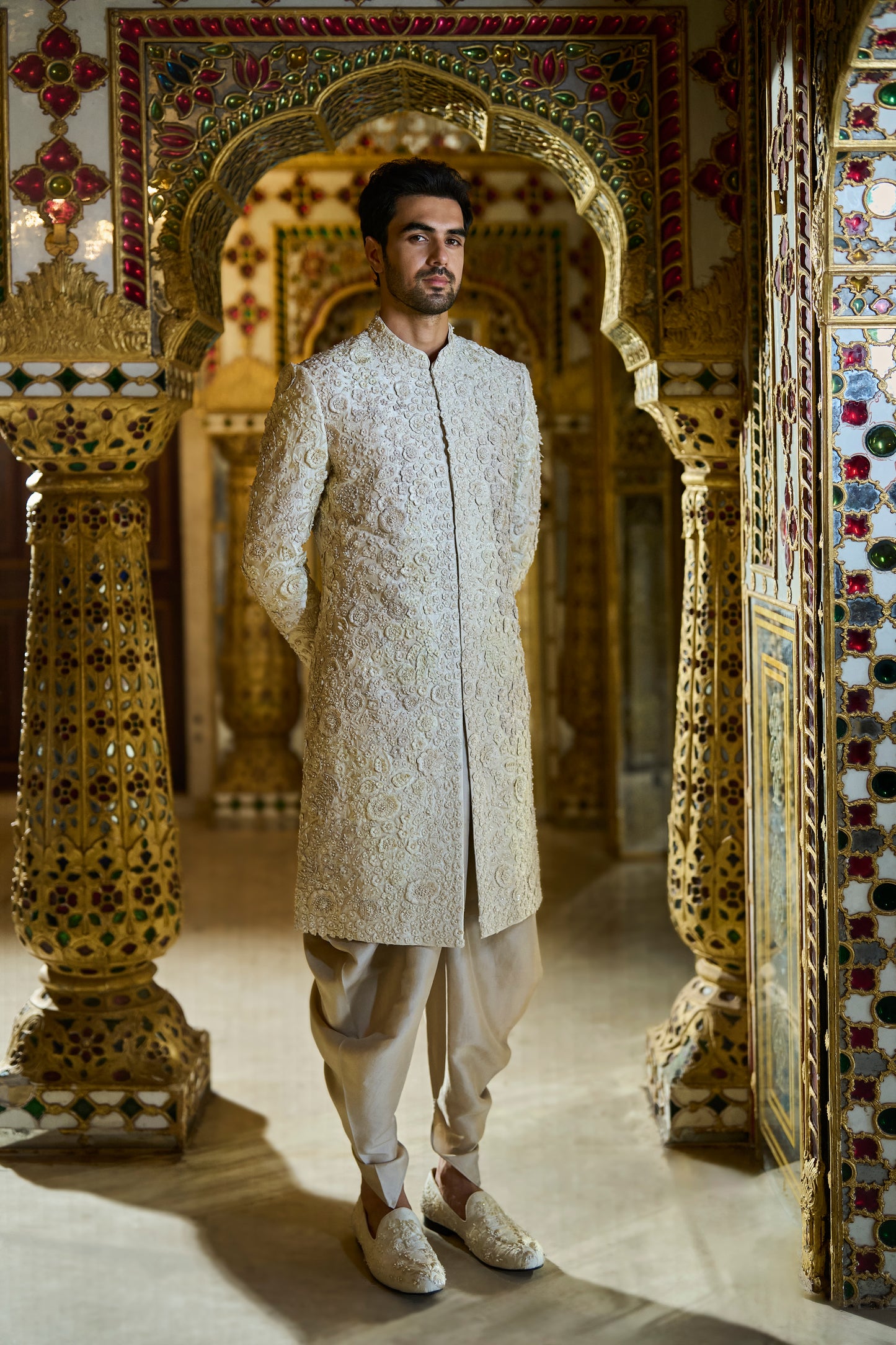 Vintage Ivory Three-Dimensional Designer Sherwani Set