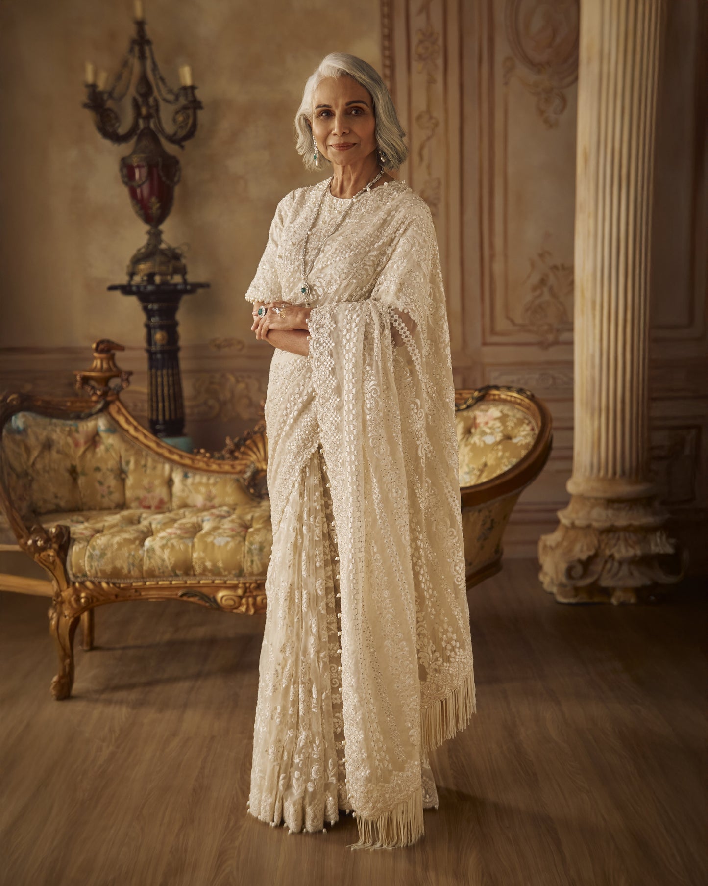 Ivory Organza Stripe Saree