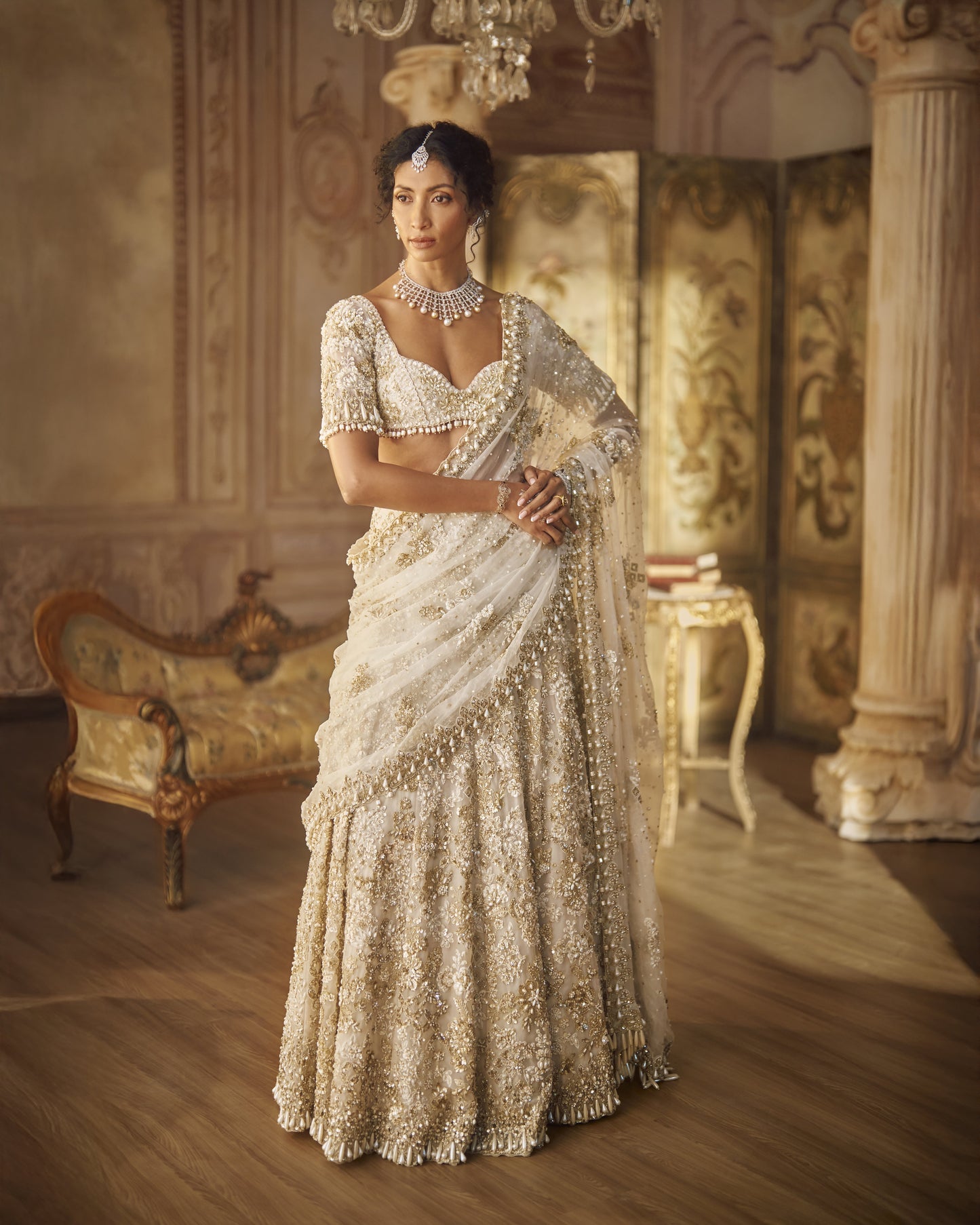 Ivory Gold Lehenga Saree Set