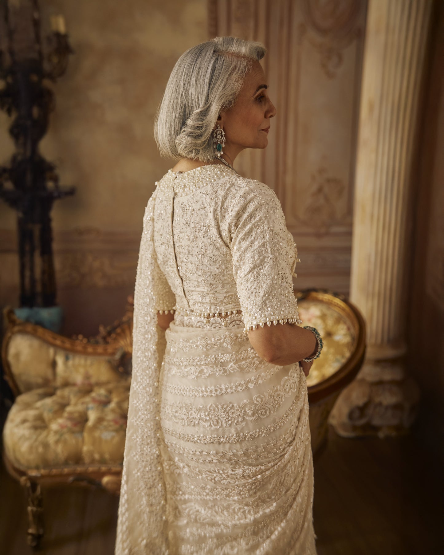 Ivory Organza Stripe Saree