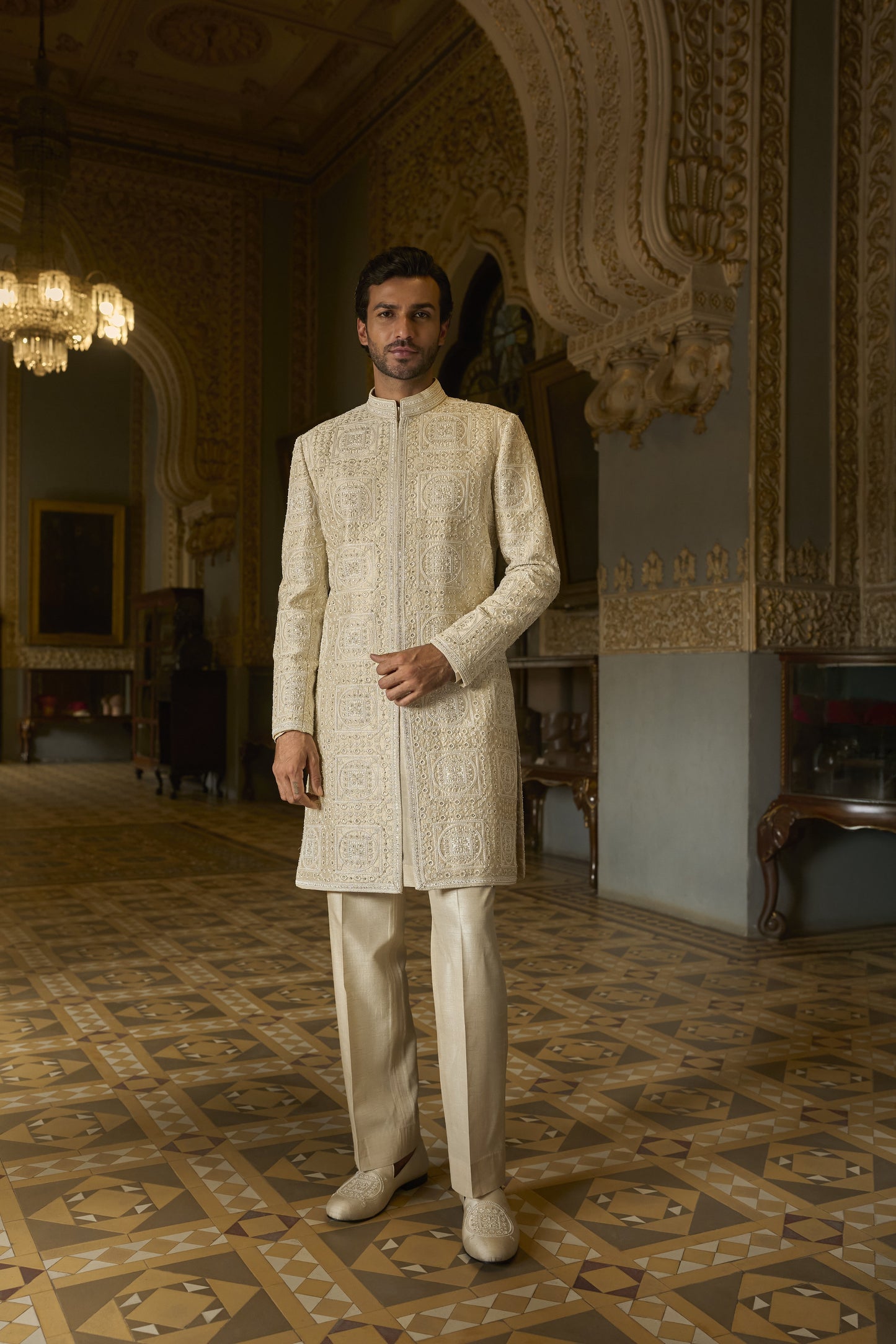Nude Geometric Sherwani Set