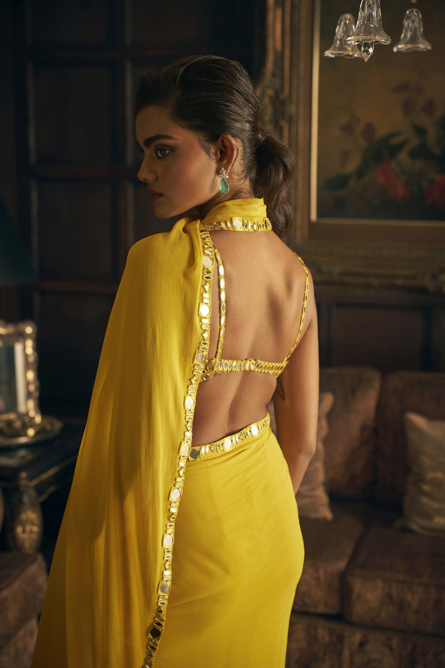 Yellow Mirror Work Stitched Saree