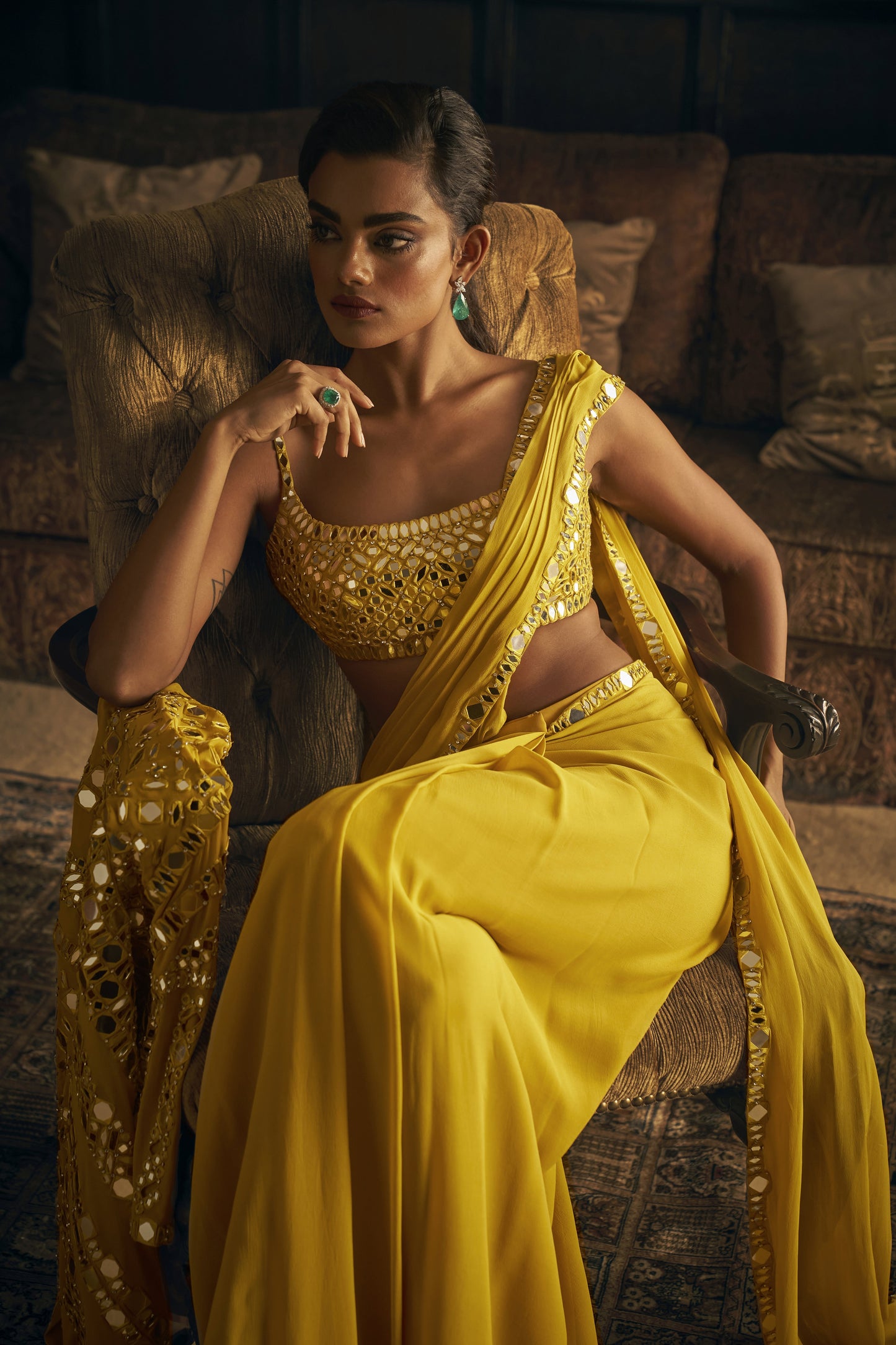 Yellow Mirror Work Stitched & Jacket Saree