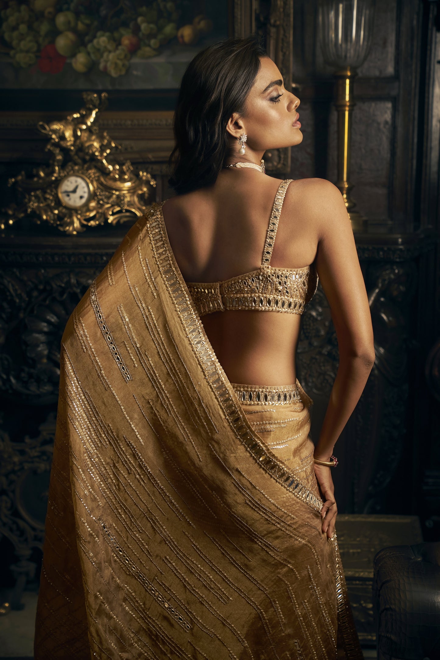 Gold Mirror work saree