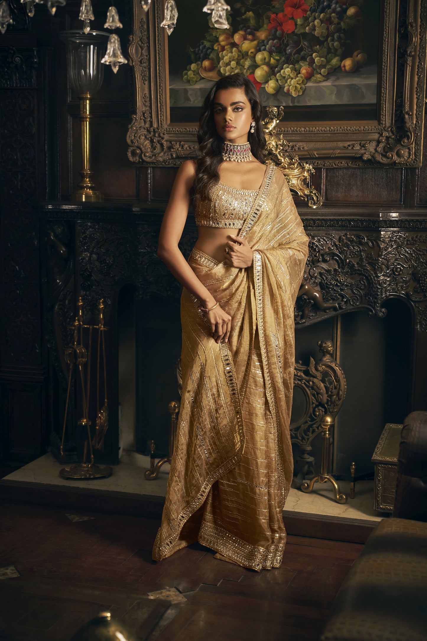 Gold Mirror work saree