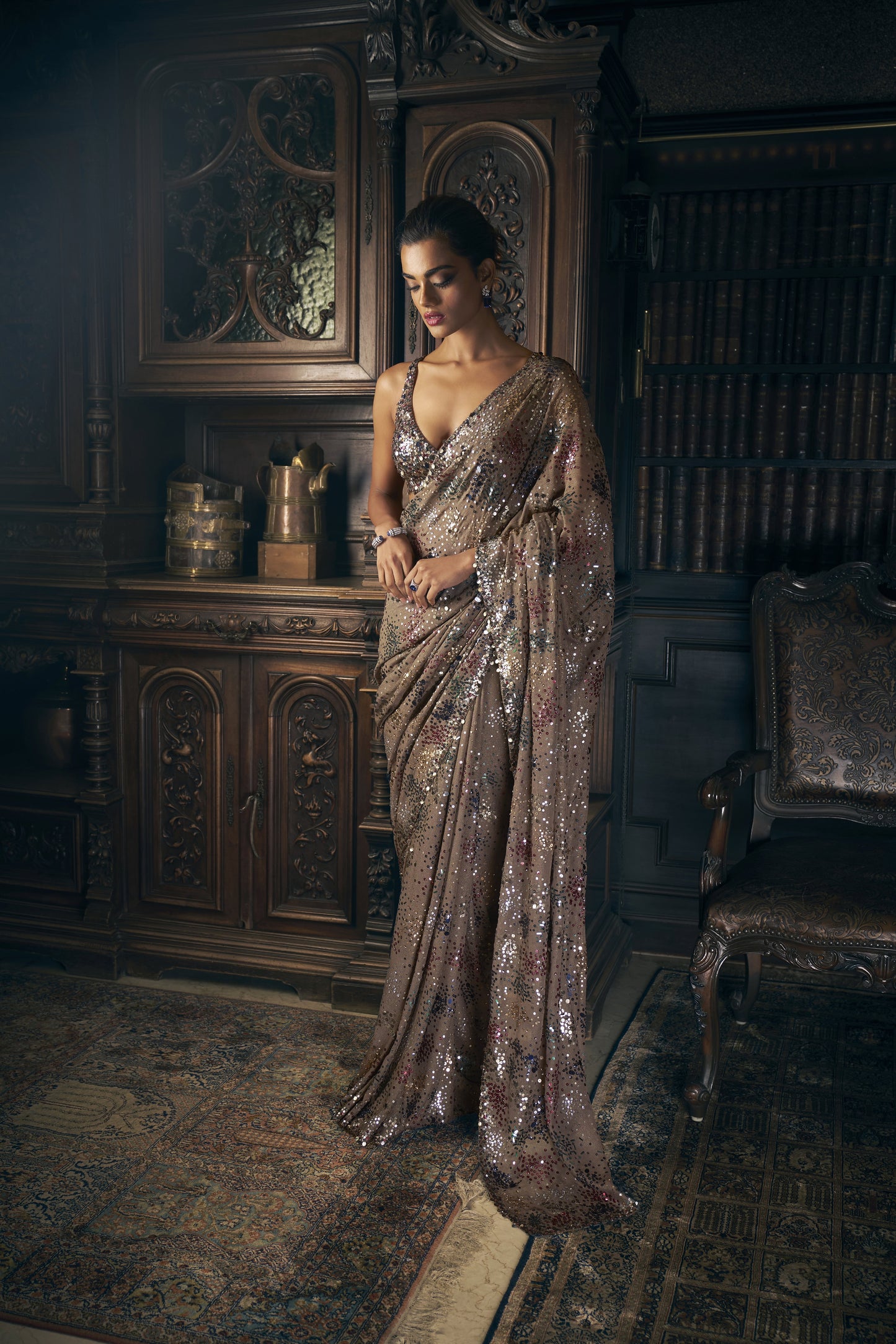 Ash Grey Sequin Saree
