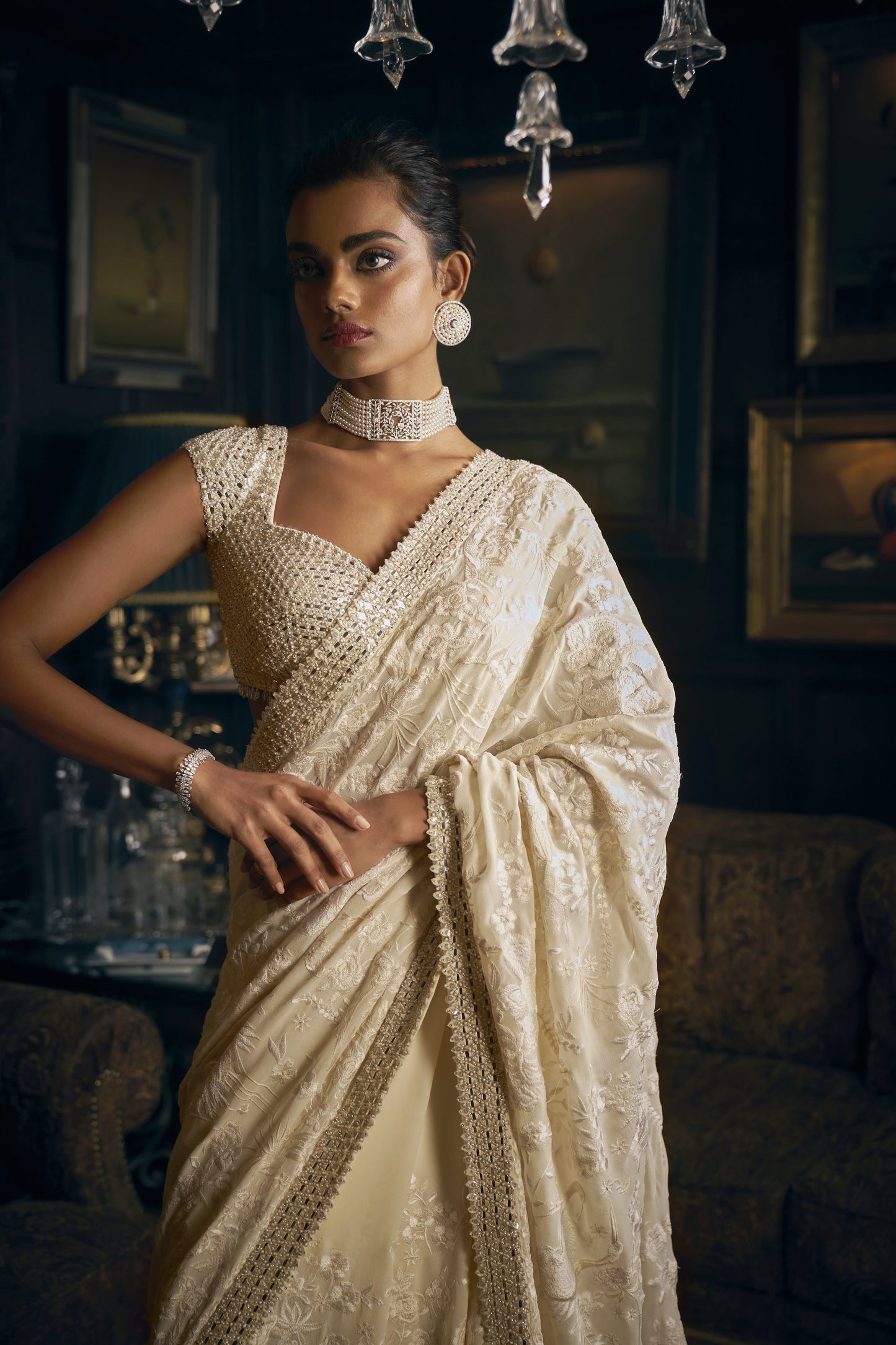 Ivory Thread Work Saree