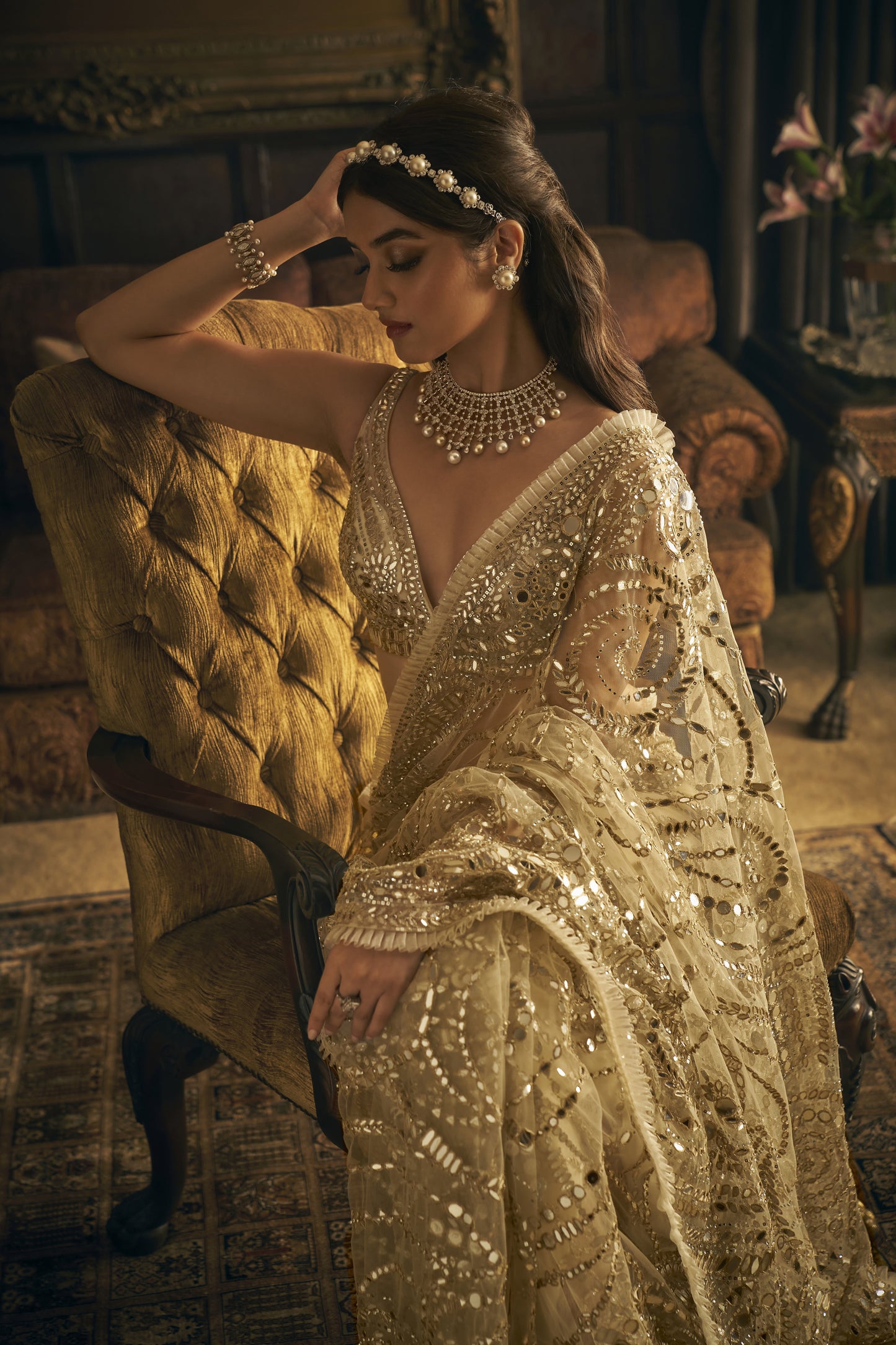 Cream Gold Mirror Work Saree
